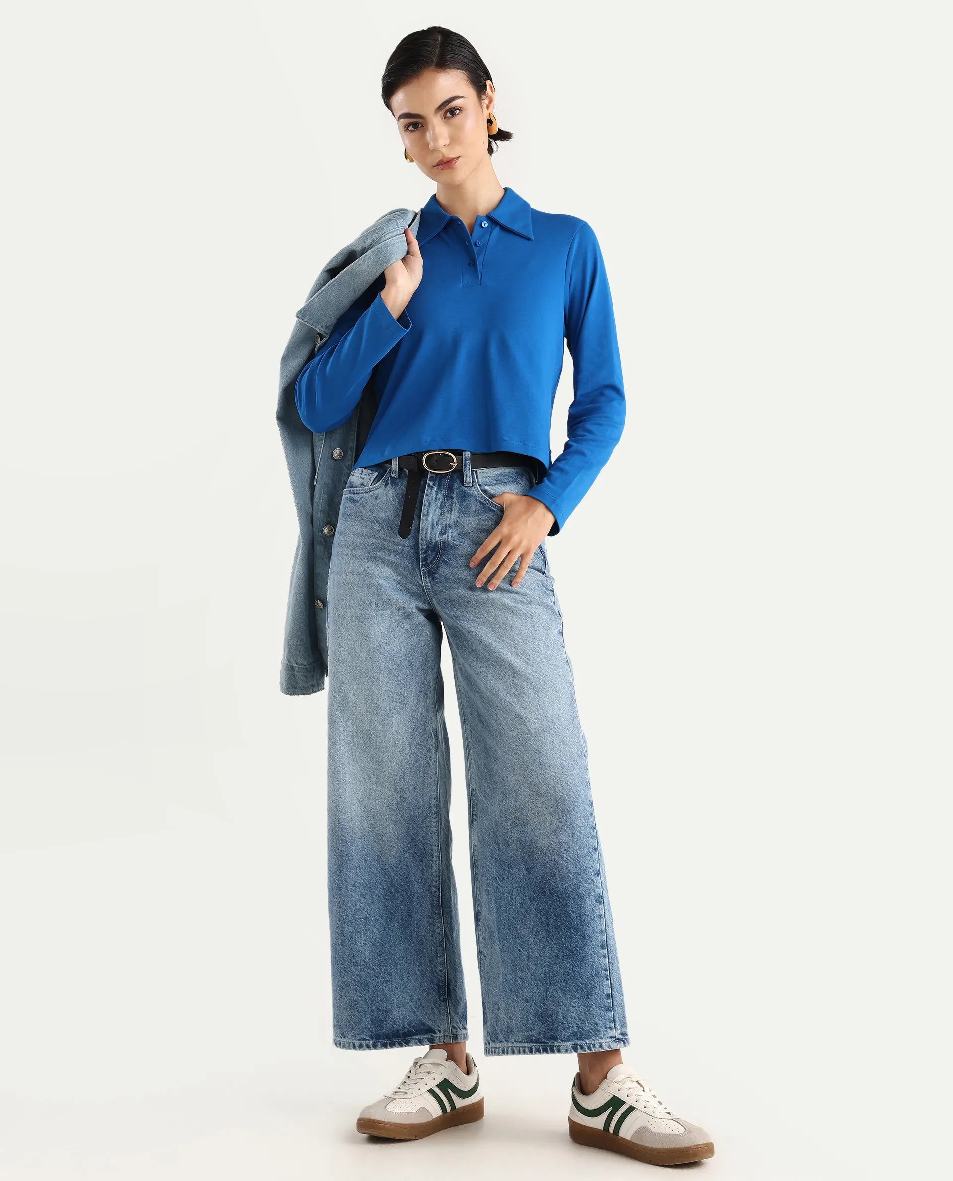 Rareism Women's Cotton Drop Collar Plain Regular Fit Top