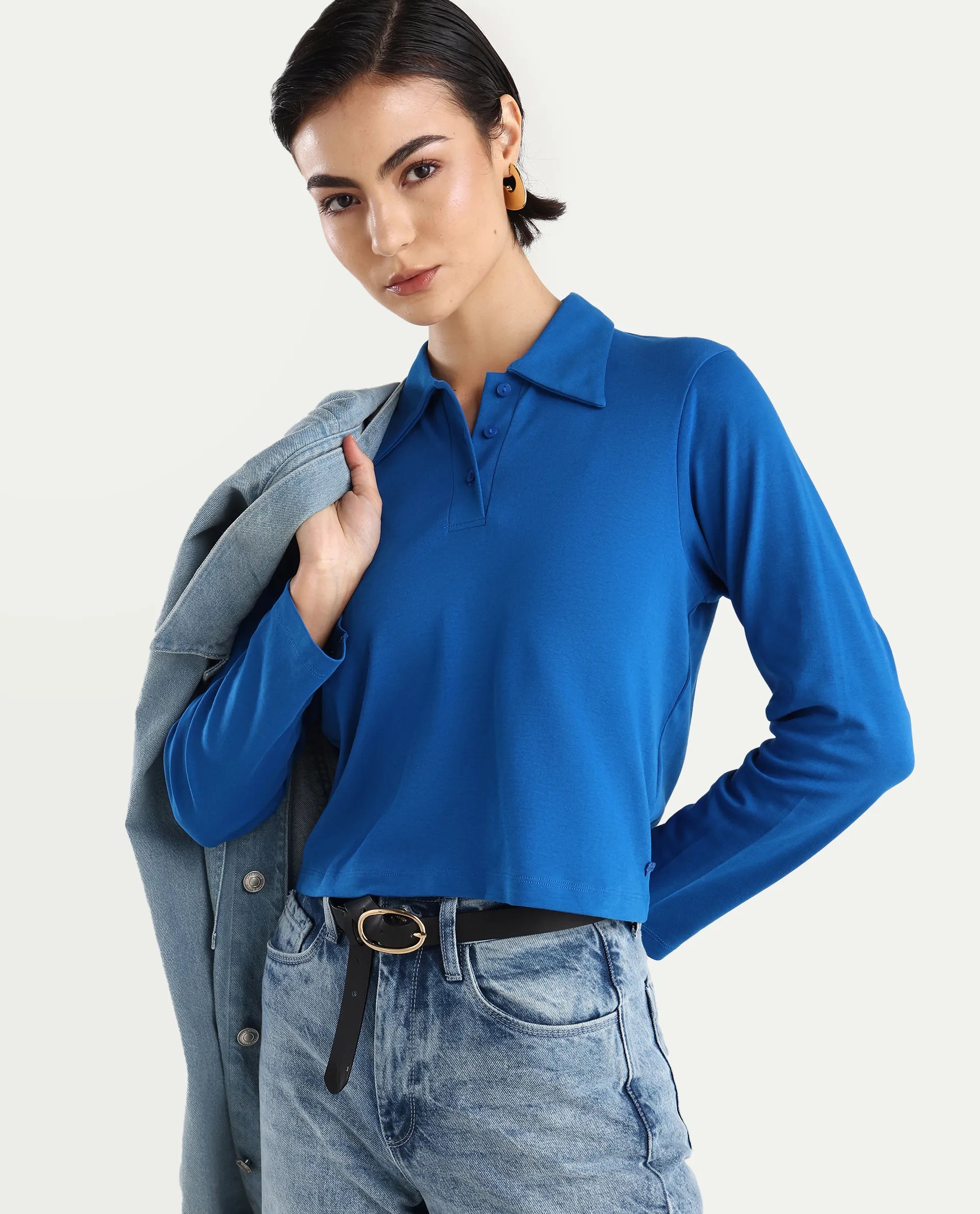 Rareism Women's Cotton Drop Collar Plain Regular Fit Top