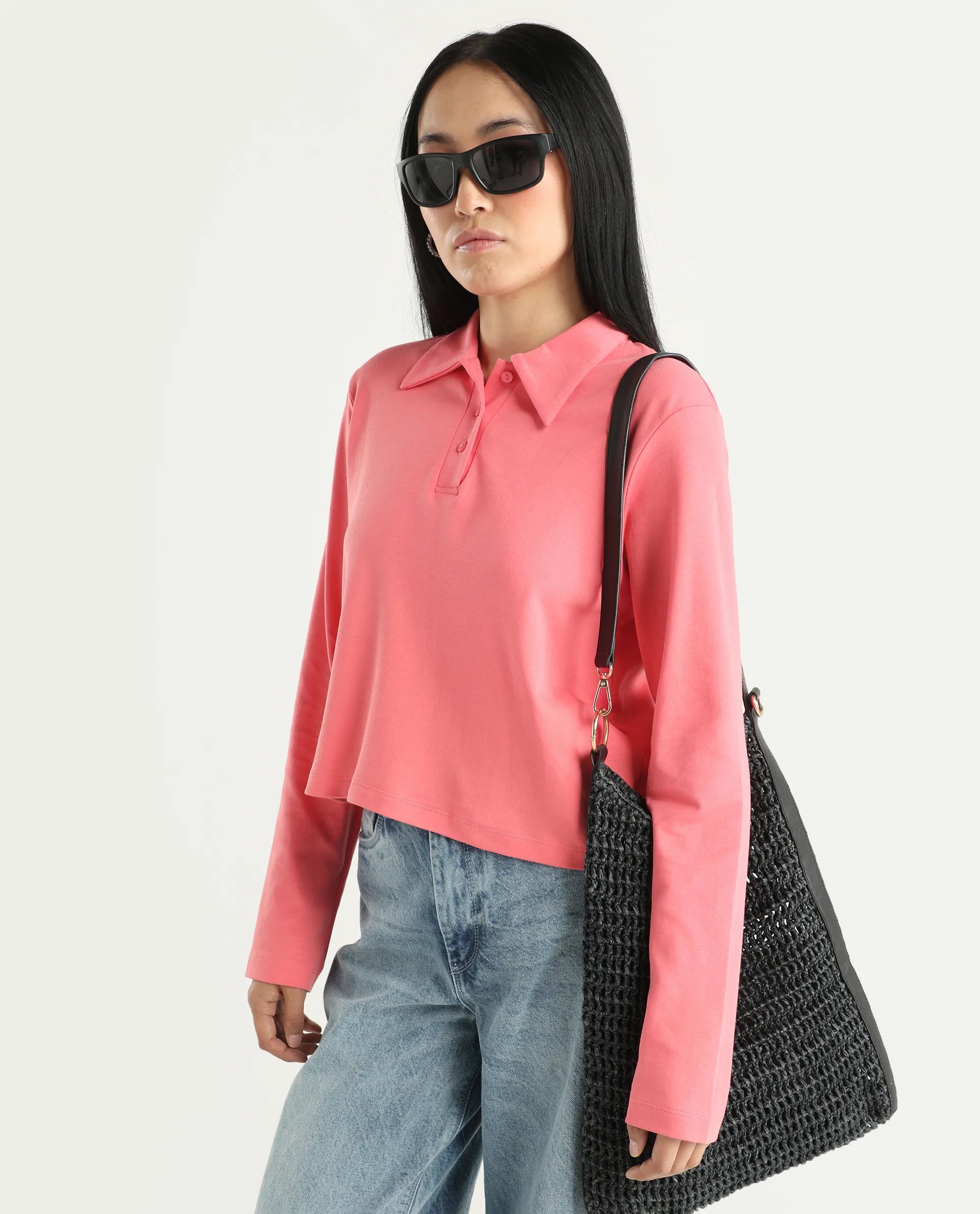 Rareism Women's Cotton Drop Collar Plain Regular Fit Top