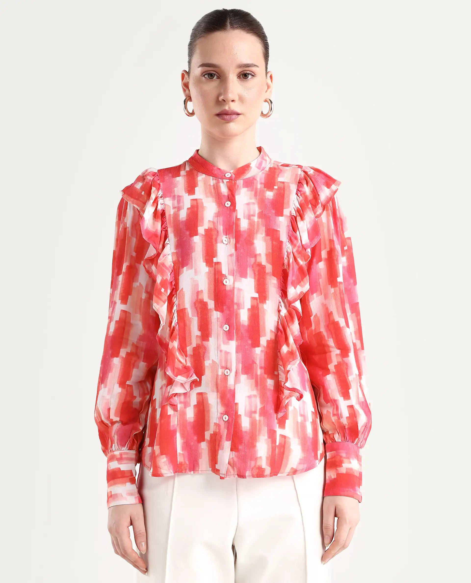 Rareism Women's Goku Pink Mandarin Collar Printed Knee Length Regular Fit Top