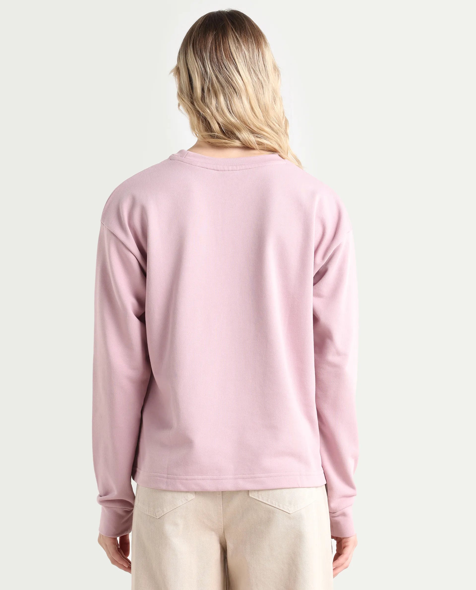 Rareism Women's Goldberg Dusky Pink Polyester Blend Crew Neck Embroidered Regular Fit Sweatshirt