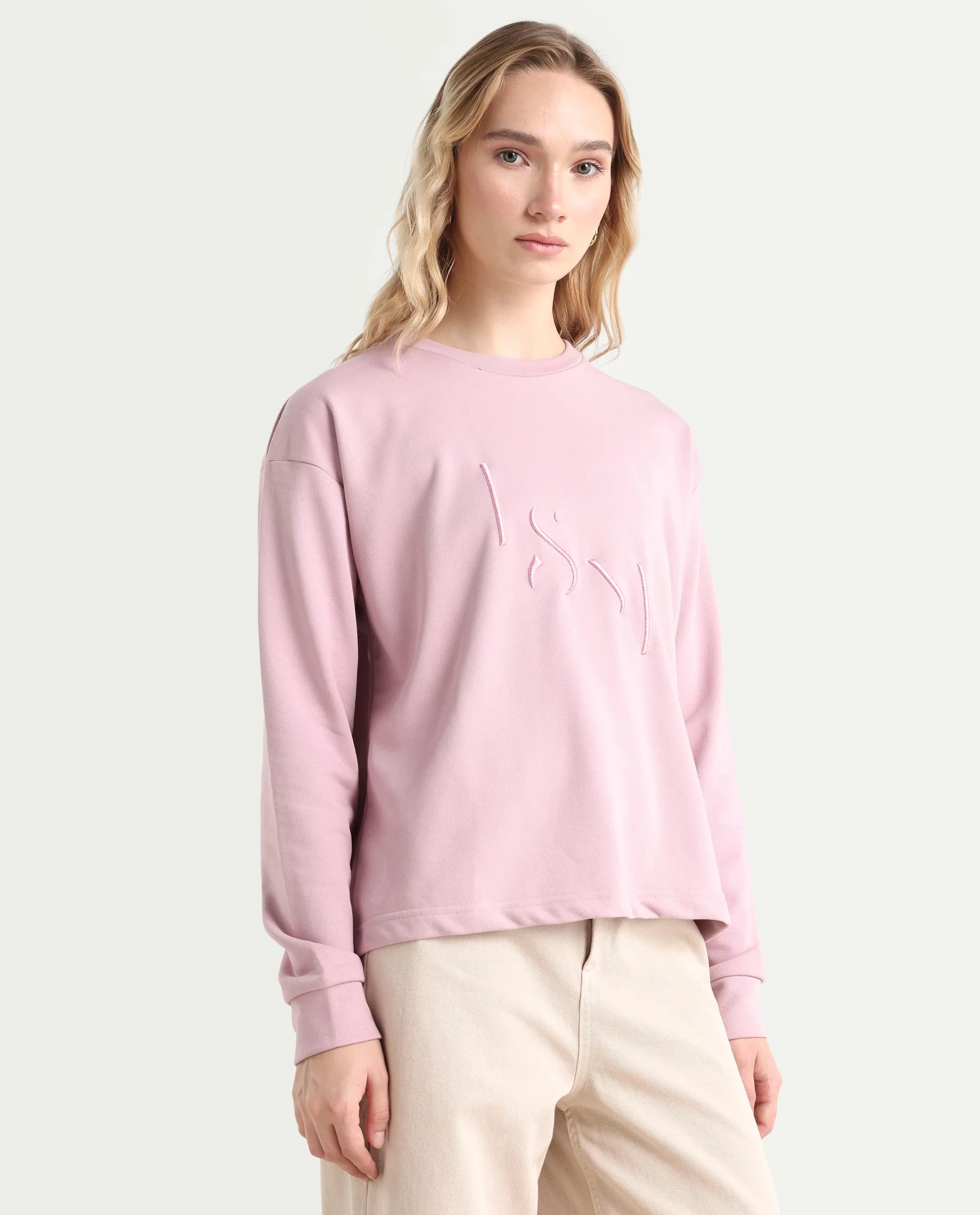 Rareism Women's Goldberg Dusky Pink Polyester Blend Crew Neck Embroidered Regular Fit Sweatshirt