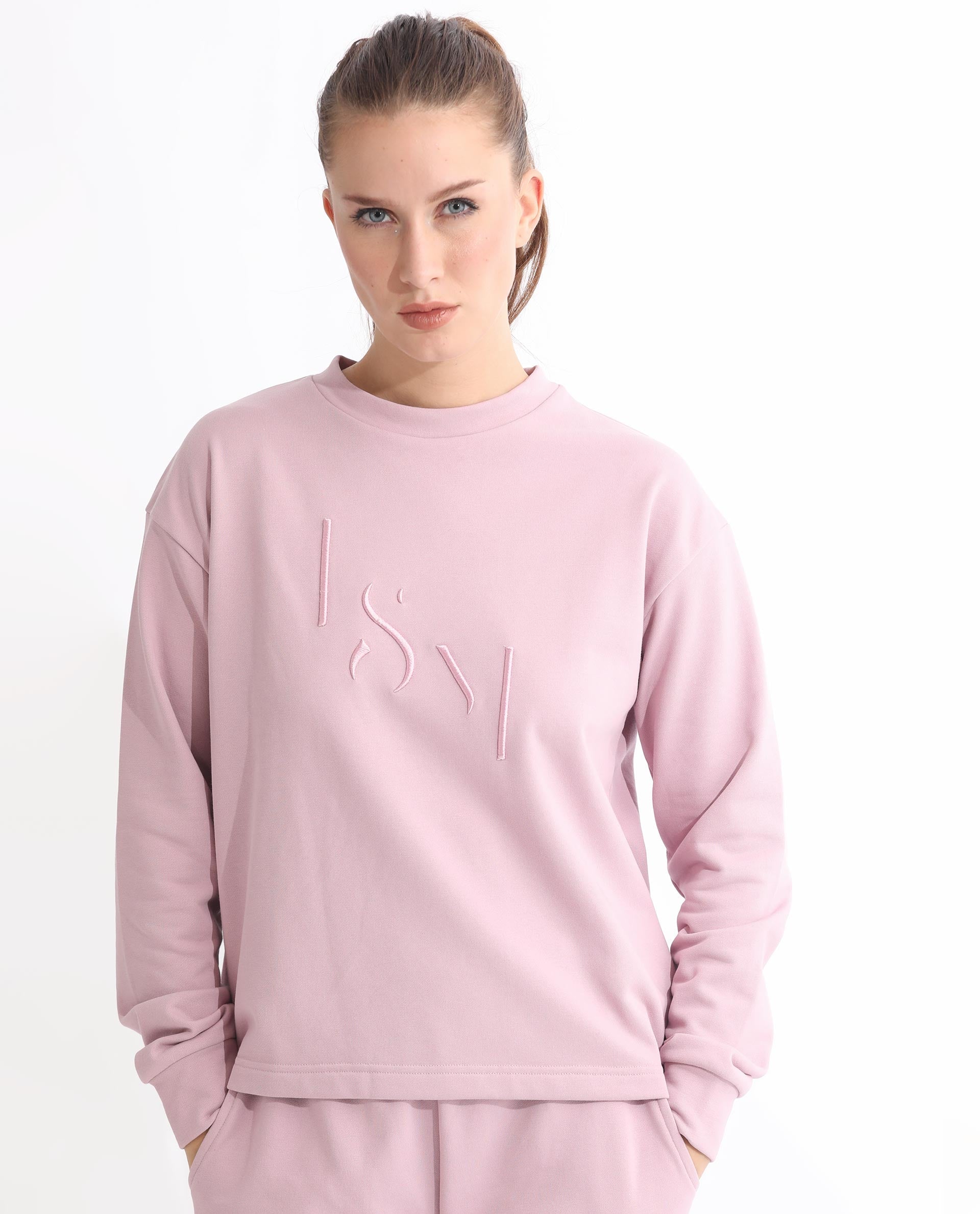 Rareism Articale Women Goldberg Dusky Pink Poly Cotton Fabric Full Sleeves Round Neck Regular Fit Embroidered Sweatshirt