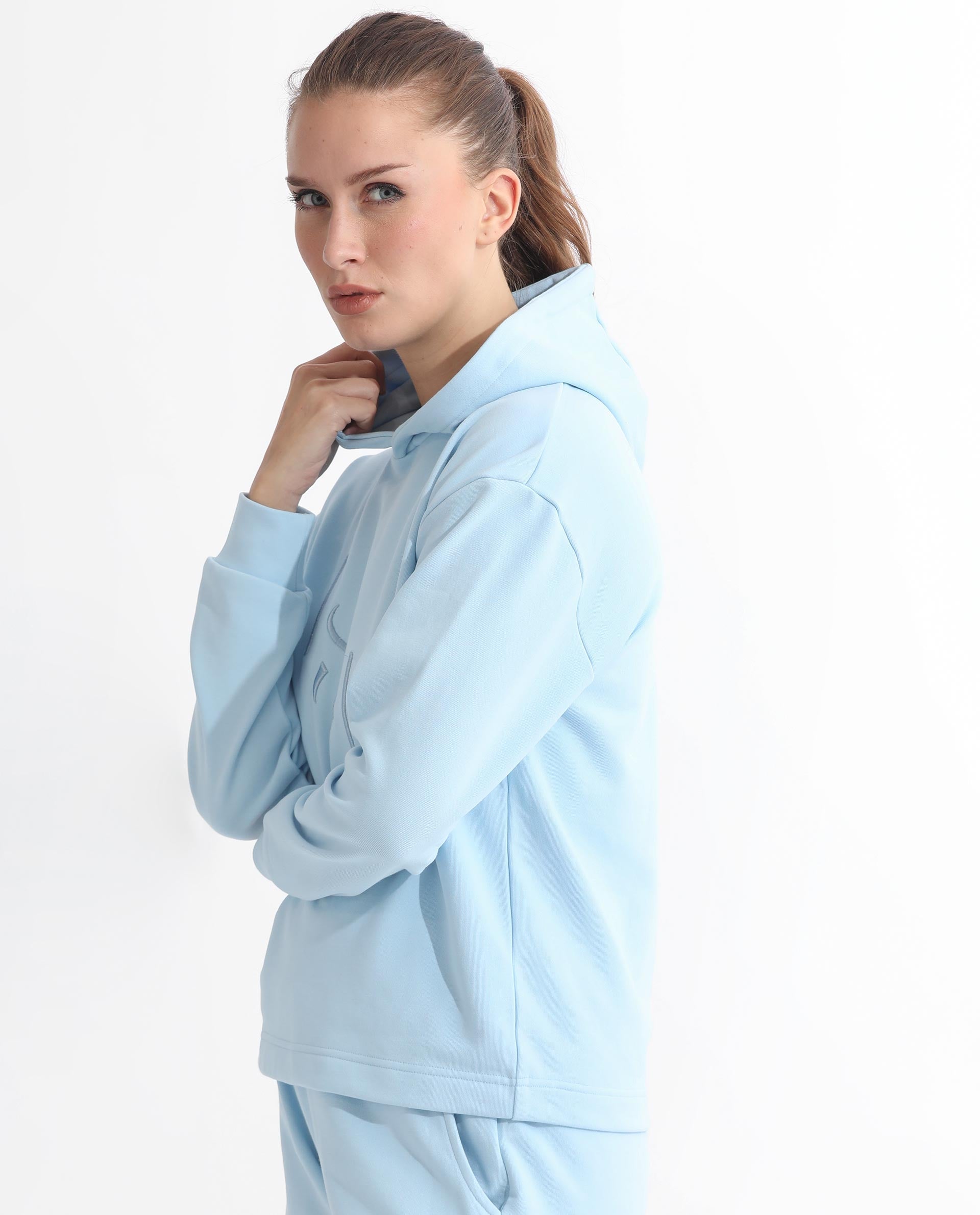 Rareism Articale Women Golder Light Blue Poly Cotton Fabric Full Sleeves Hooded Regular Fit Embroidered Sweatshirt