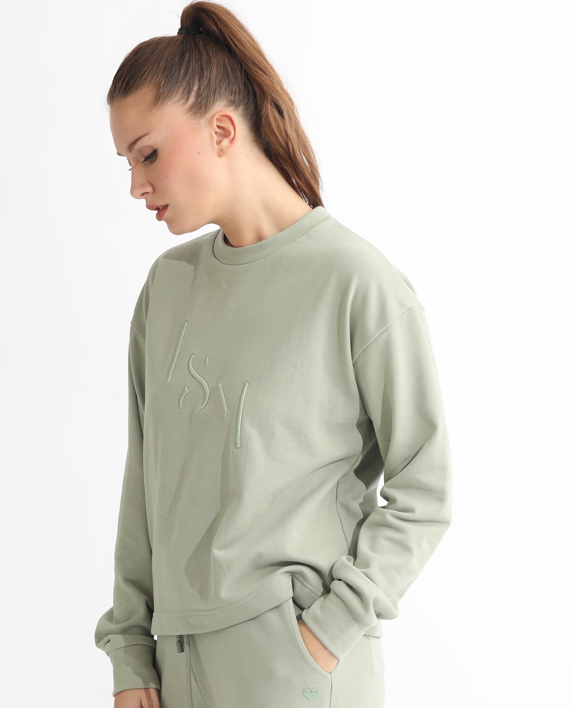 Rareism Articale Women Goldrage Dusky Green Poly Cotton Fabric Full Sleeves Round Neck Regular Fit Embroidered Sweatshirt