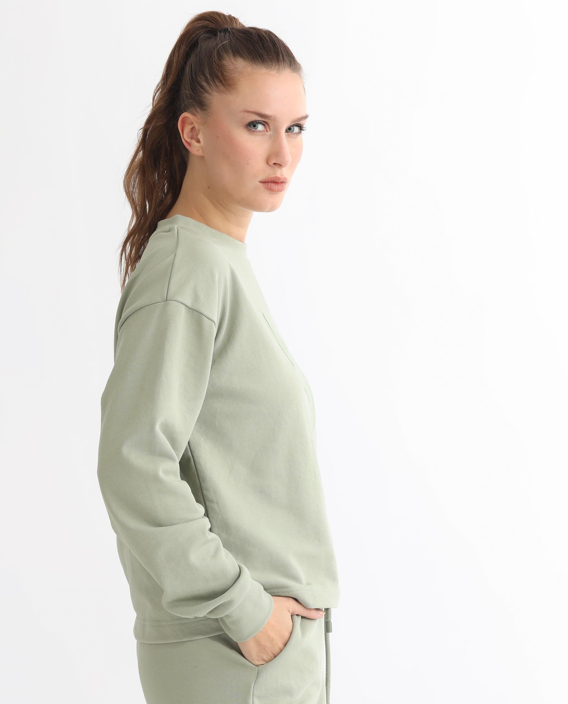 Rareism Articale Women Goldrage Dusky Green Poly Cotton Fabric Full Sleeves Round Neck Regular Fit Embroidered Sweatshirt