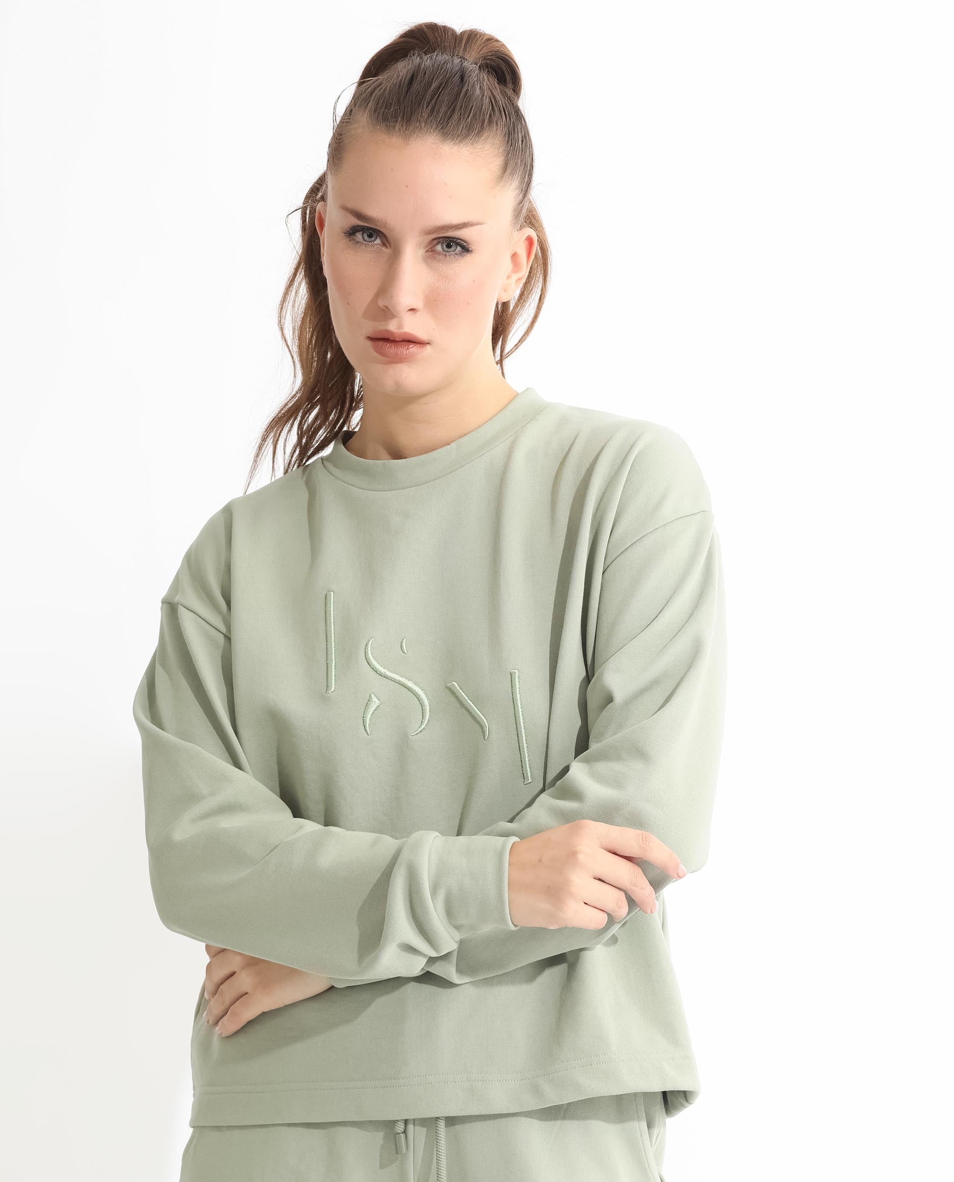 Rareism Articale Women Goldrage Dusky Green Poly Cotton Fabric Full Sleeves Round Neck Regular Fit Embroidered Sweatshirt
