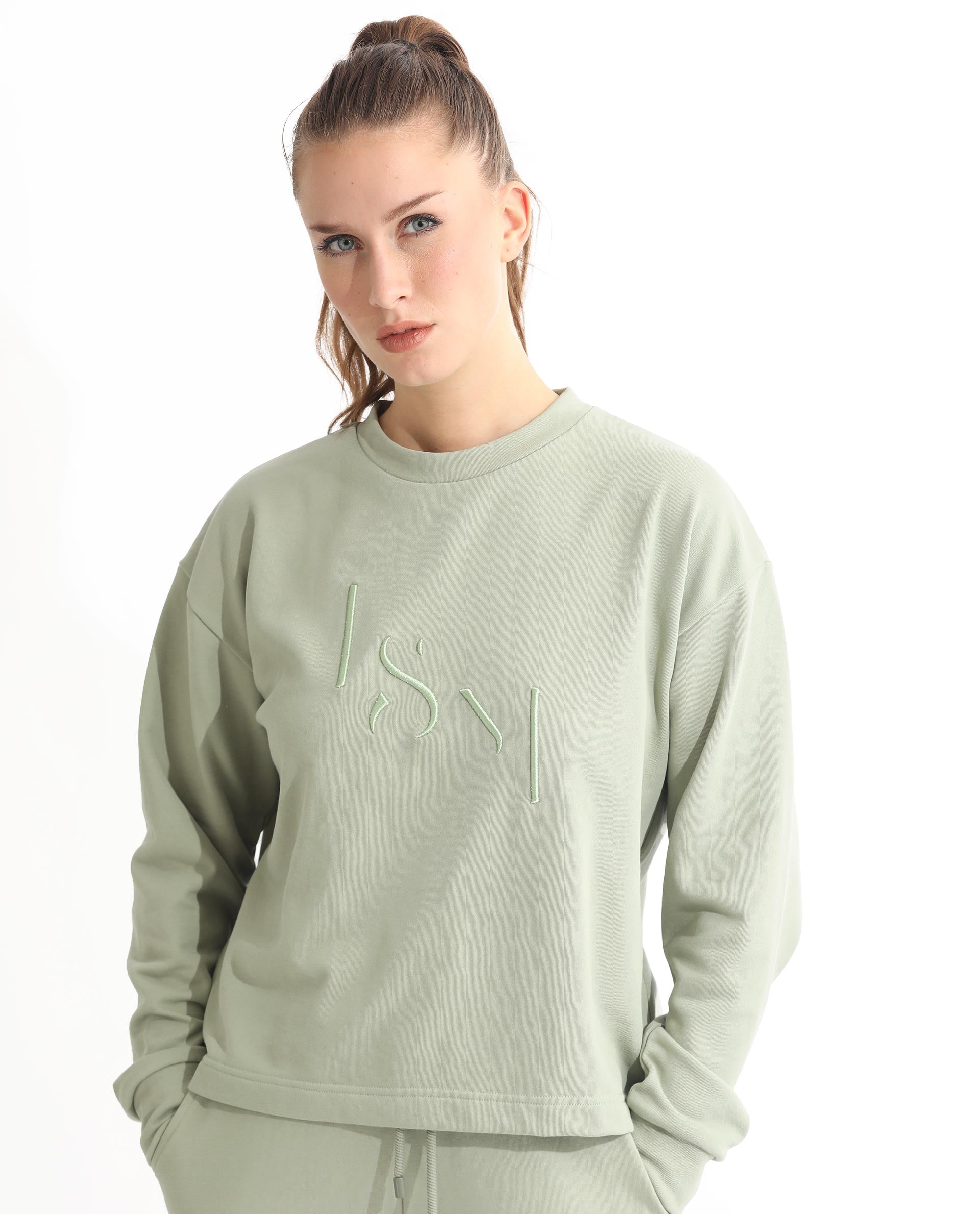 Rareism Articale Women Goldrage Dusky Green Poly Cotton Fabric Full Sleeves Round Neck Regular Fit Embroidered Sweatshirt