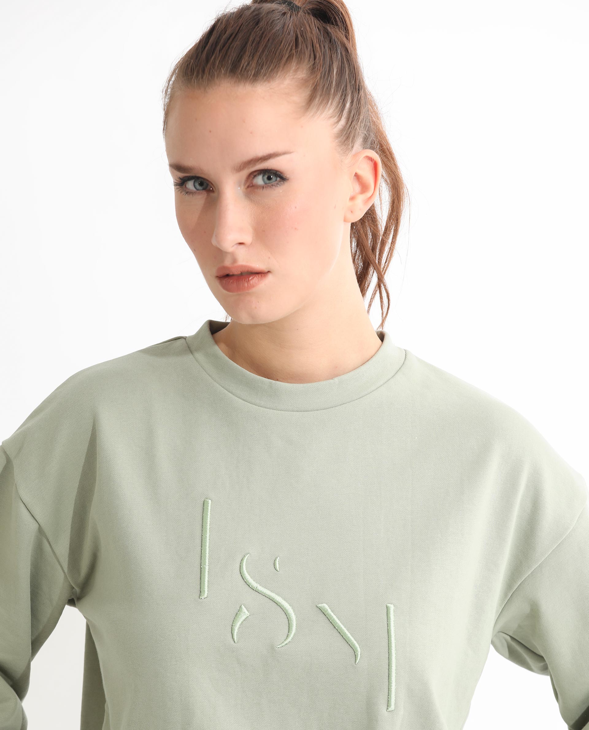 Rareism Articale Women Goldrage Dusky Green Poly Cotton Fabric Full Sleeves Round Neck Regular Fit Embroidered Sweatshirt