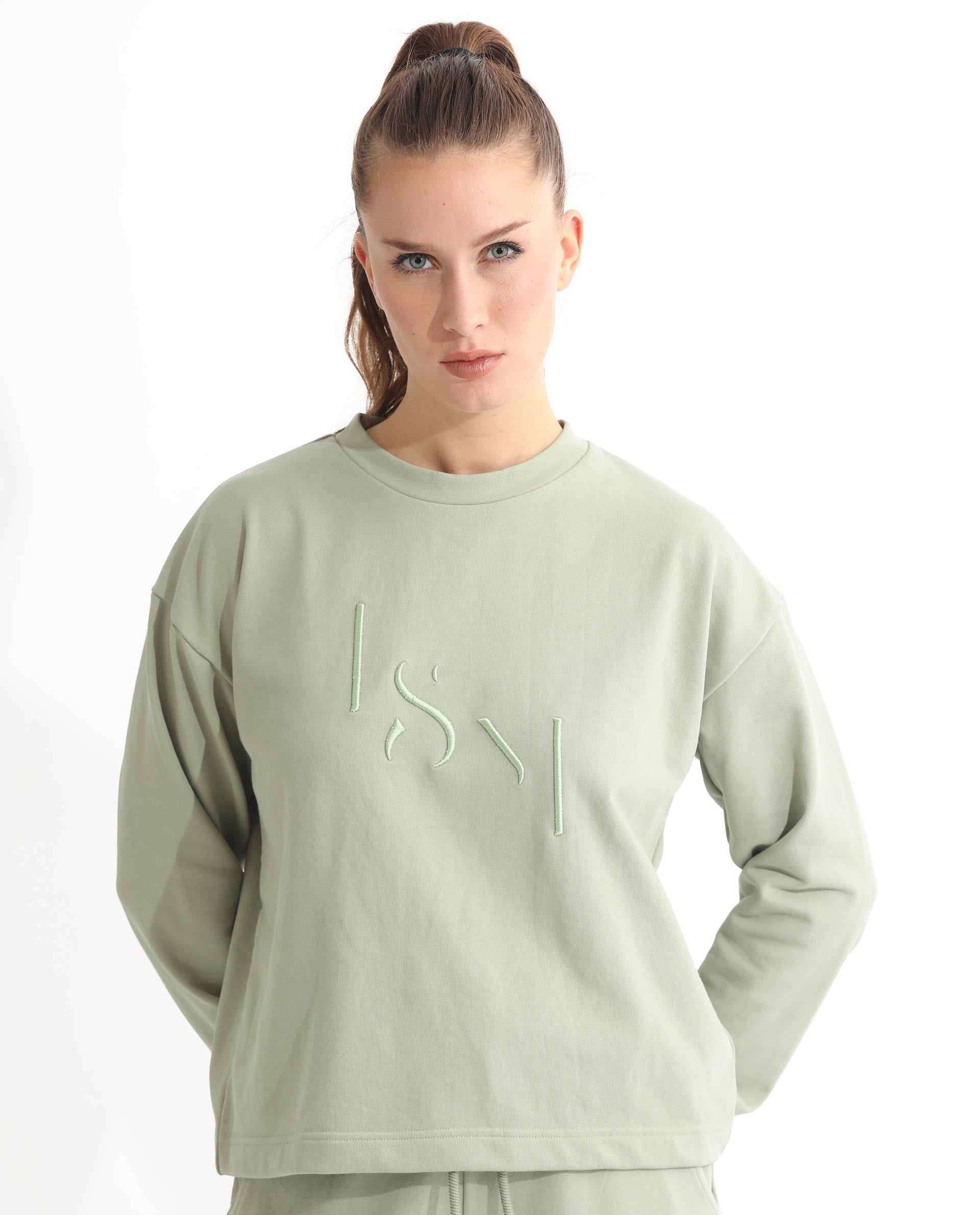 Rareism Articale Women Goldrage Dusky Green Poly Cotton Fabric Full Sleeves Round Neck Regular Fit Embroidered Sweatshirt