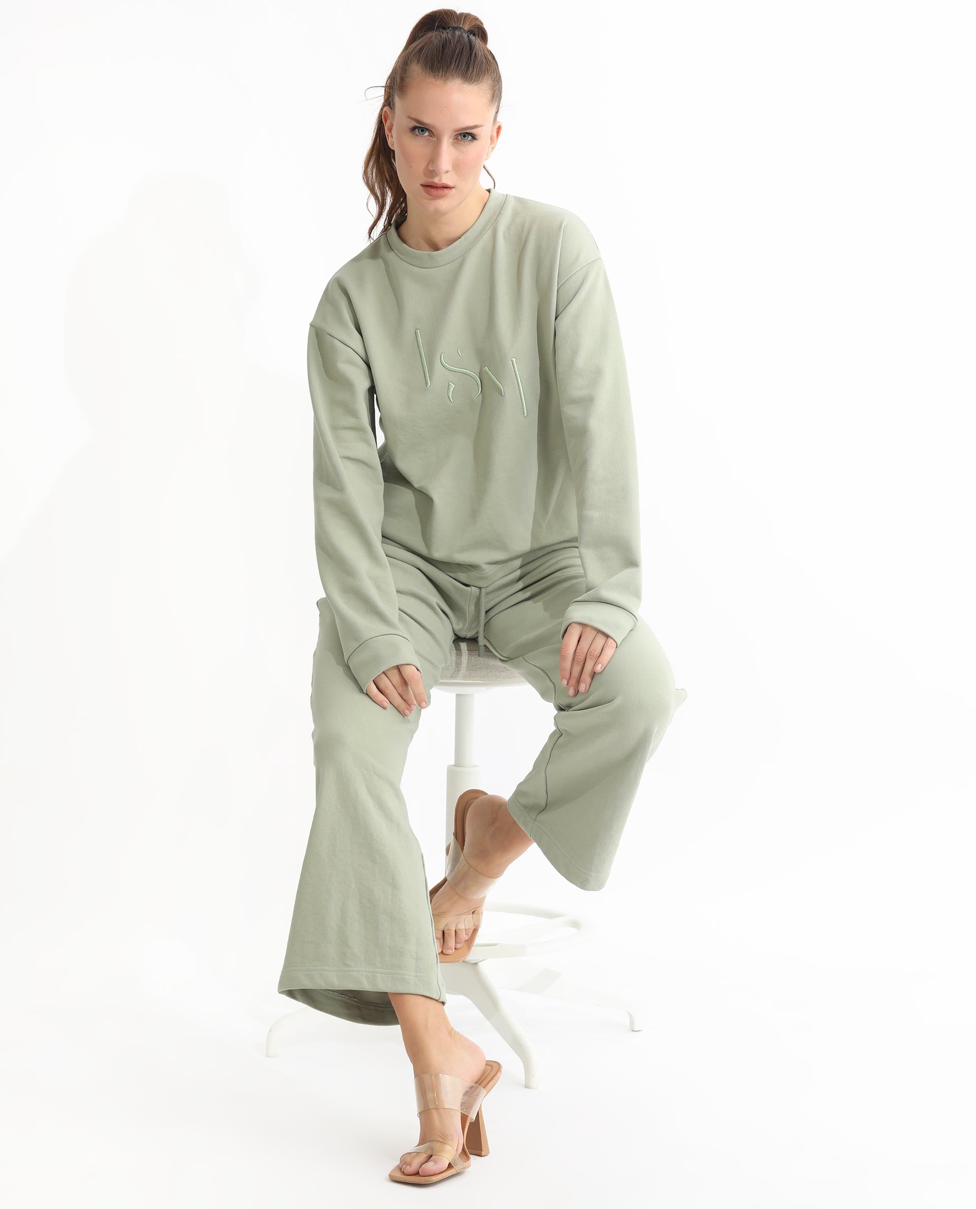 Rareism Articale Women Goldrage Dusky Green Poly Cotton Fabric Full Sleeves Round Neck Regular Fit Embroidered Sweatshirt