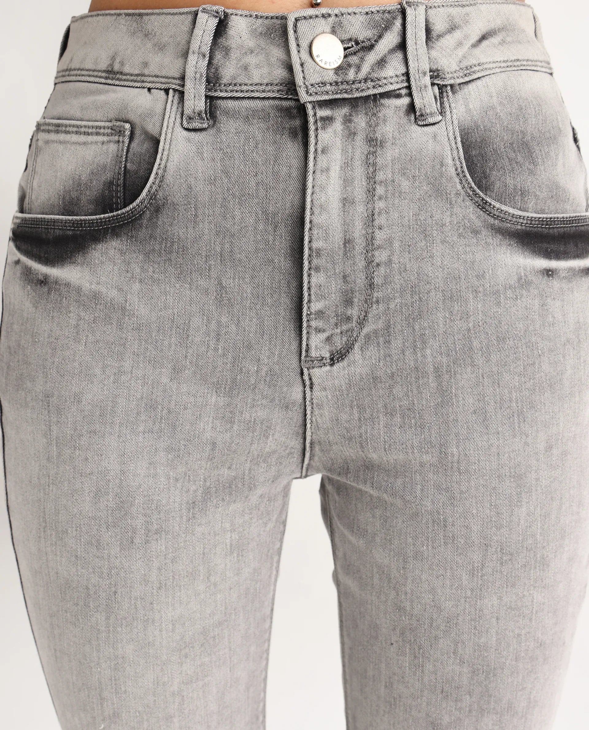 Rareism Women's Goliath Grey Cotton Blend Plain Ankle Length Slim Fit Jeans