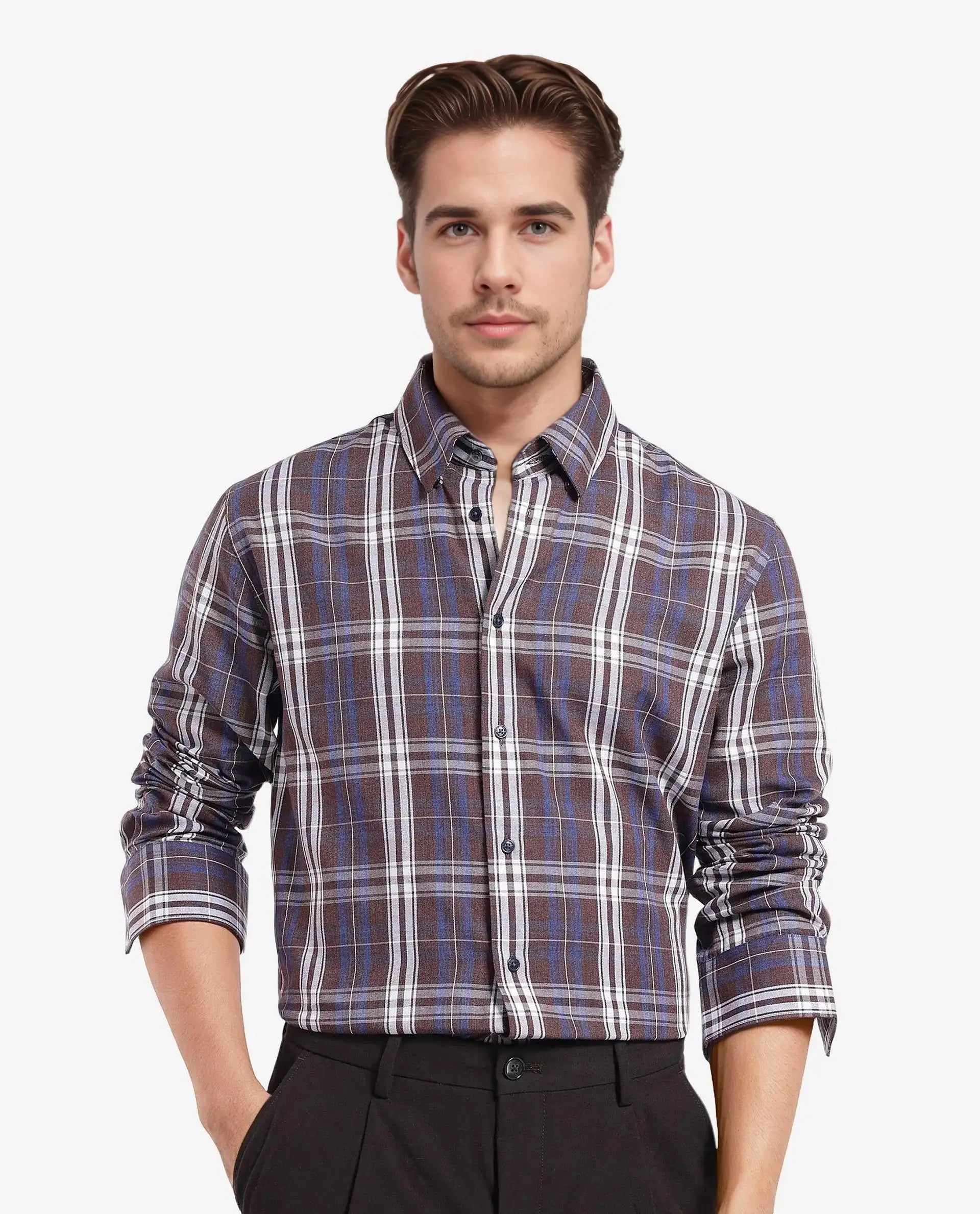 Rare Rabbit Men's Golk Brown Cotton Checked Print Regular Fit Full Sleeve Collared Shirt