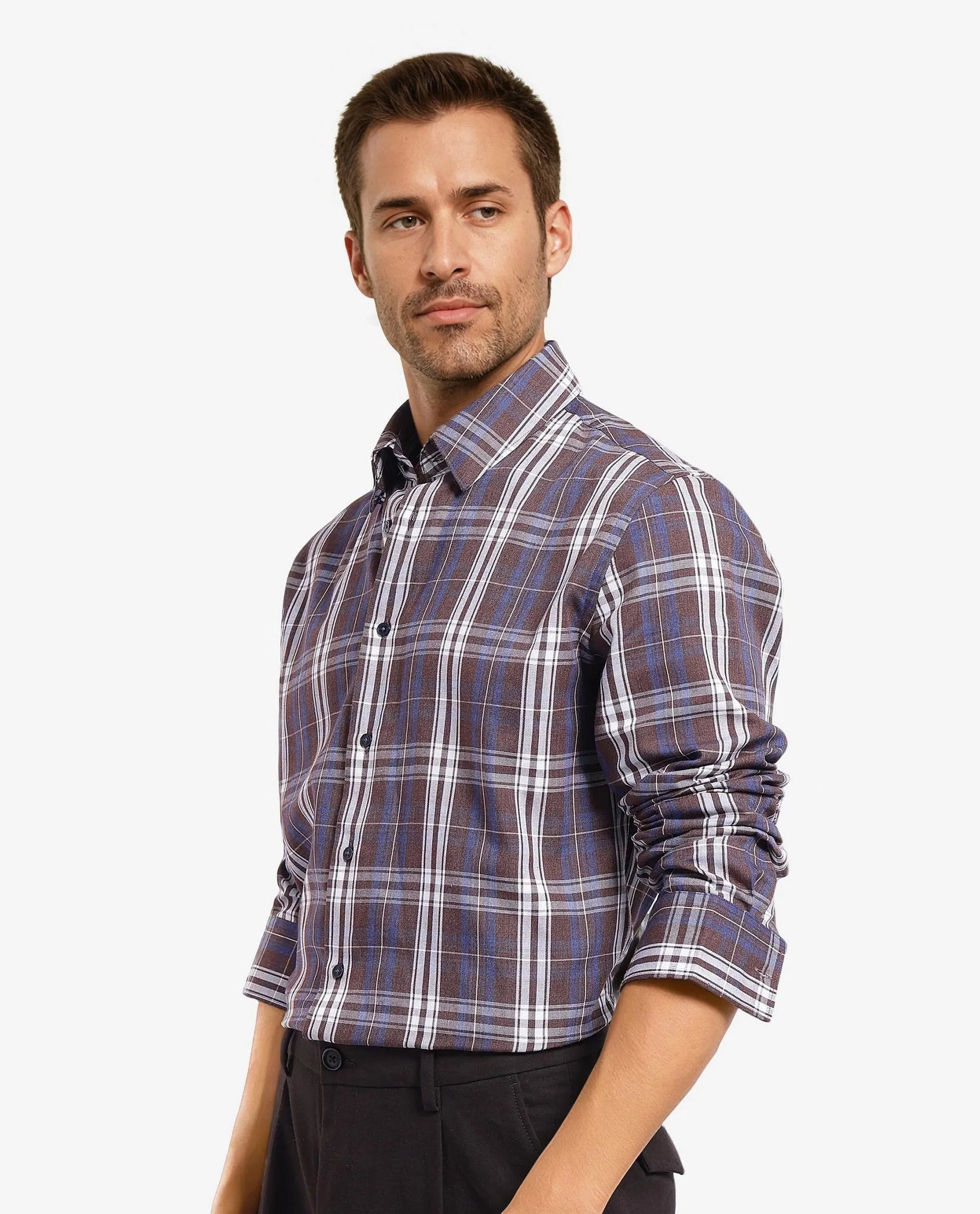 Rare Rabbit Men's Golk Brown Cotton Fabric Full Sleeve Regular Fit Checks Shirt