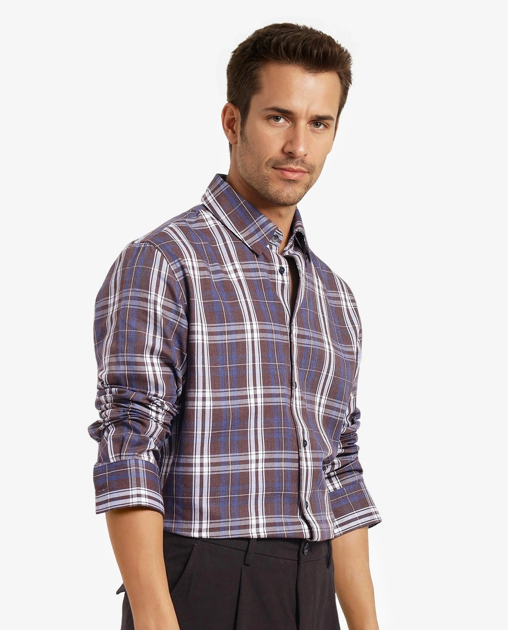 Rare Rabbit Men's Golk Brown Cotton Fabric Full Sleeve Regular Fit Checks Shirt