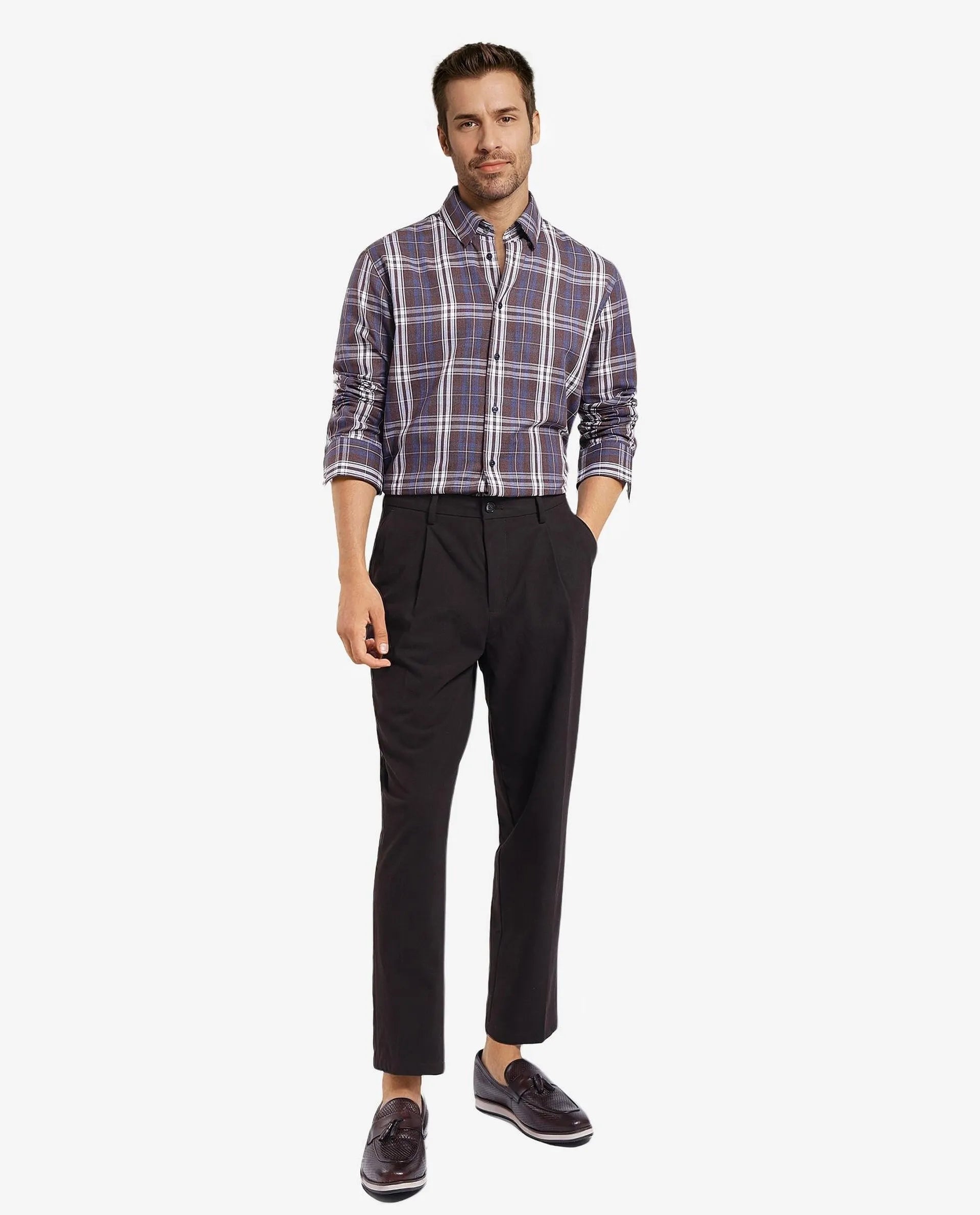 Rare Rabbit Men's Golk Brown Cotton Fabric Full Sleeve Regular Fit Checks Shirt