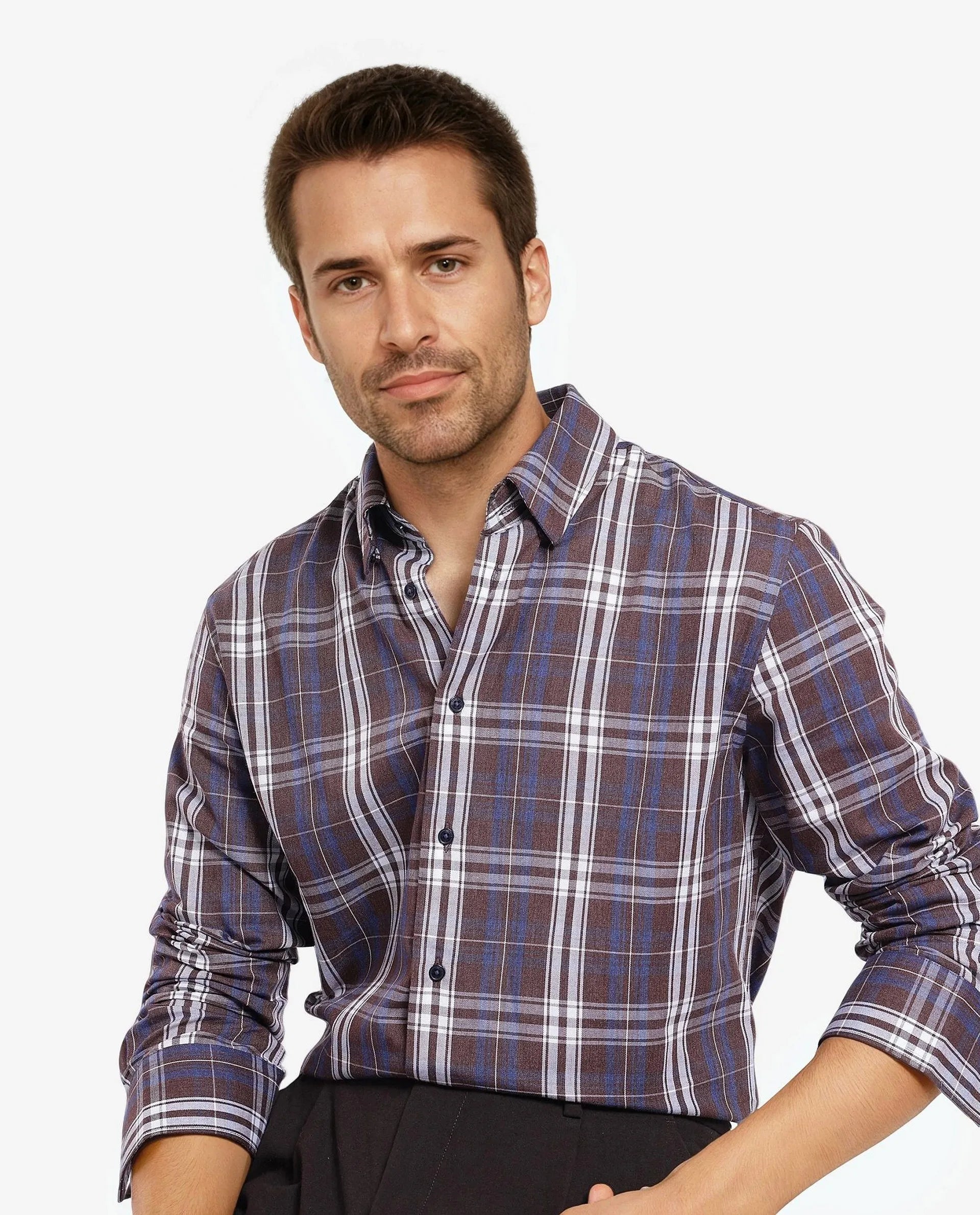 Rare Rabbit Men's Golk Brown Cotton Fabric Full Sleeve Regular Fit Checks Shirt