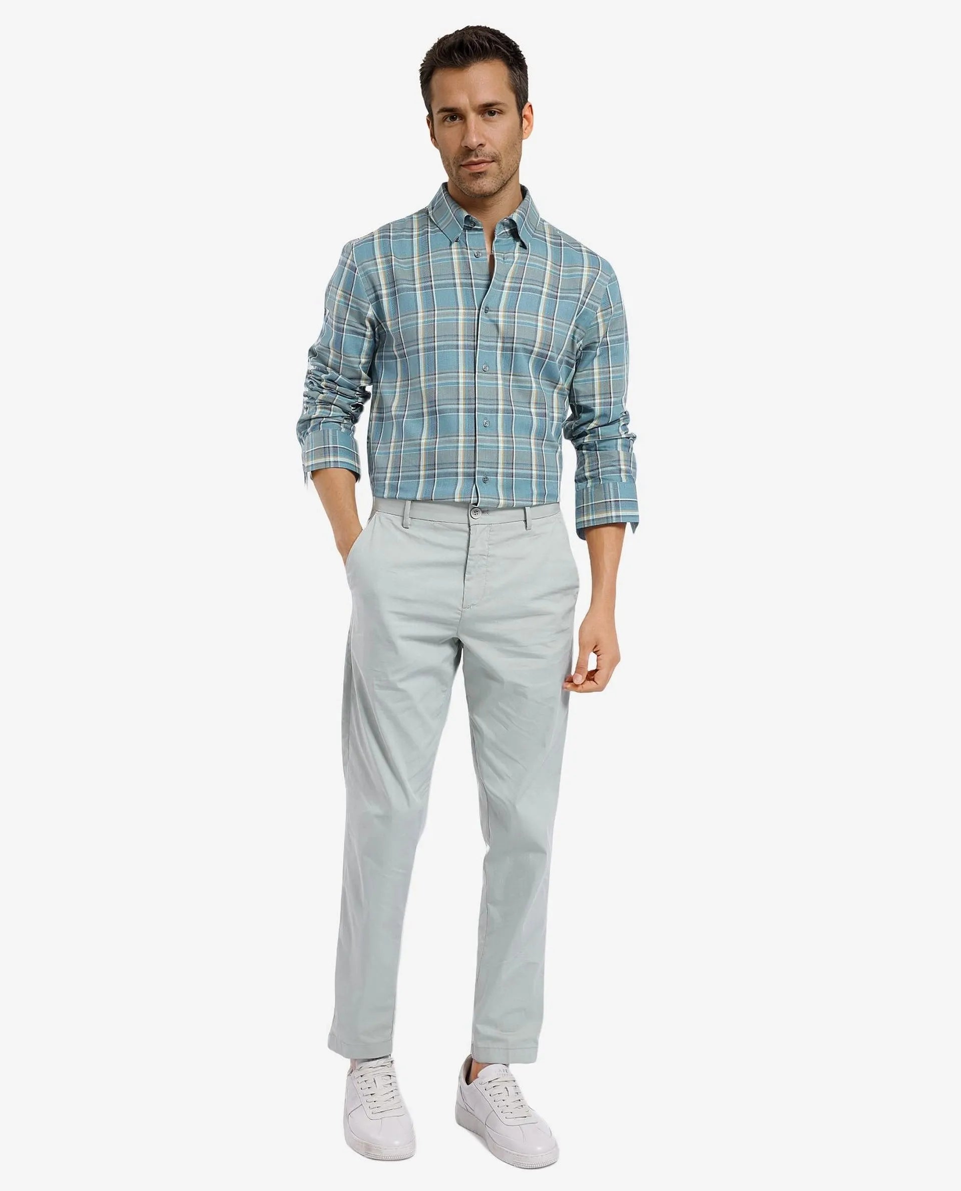 Rare Rabbit Men's Golk Turq Cotton Fabric Full Sleeve Collared Neck Checks Shirt