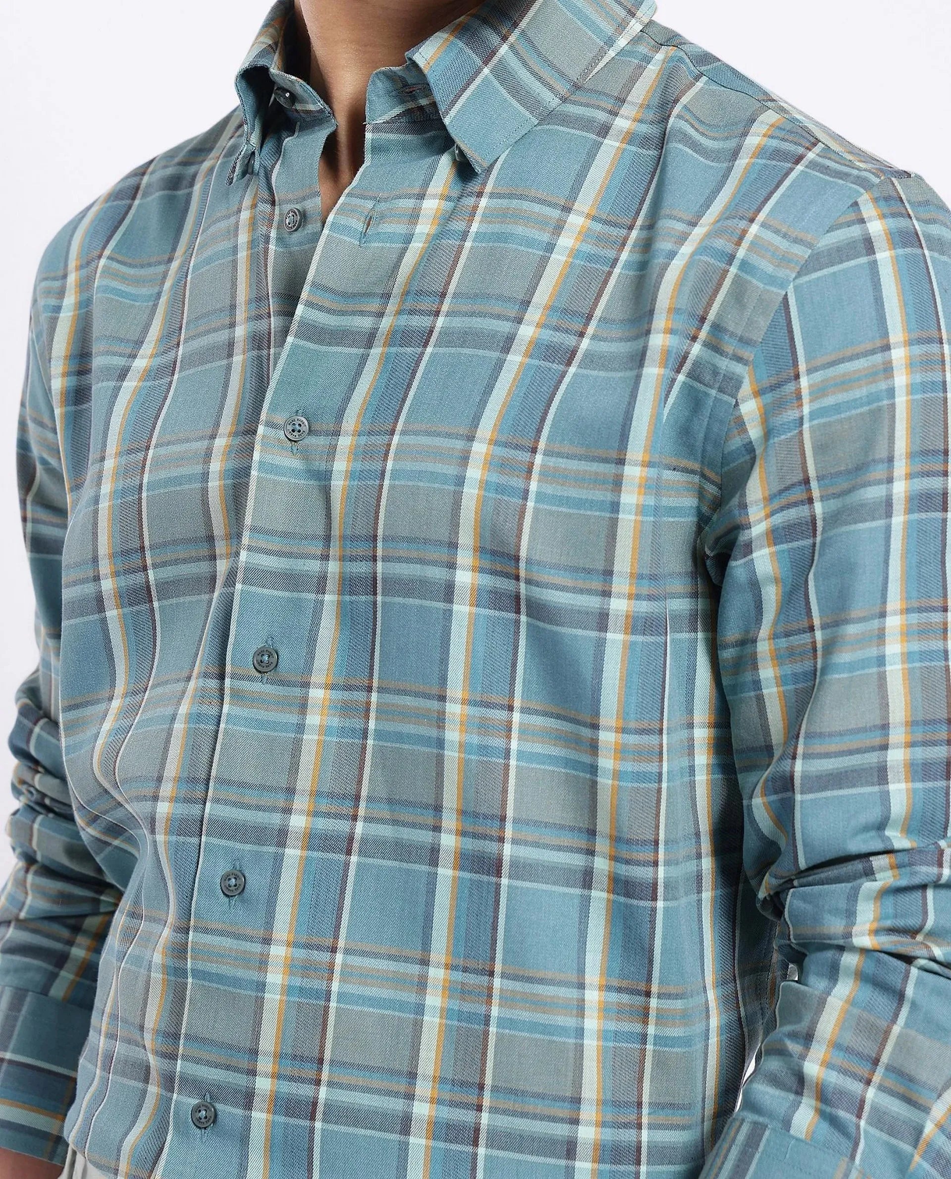 Rare Rabbit Men's Golk Turq Cotton Fabric Full Sleeve Collared Neck Checks Shirt