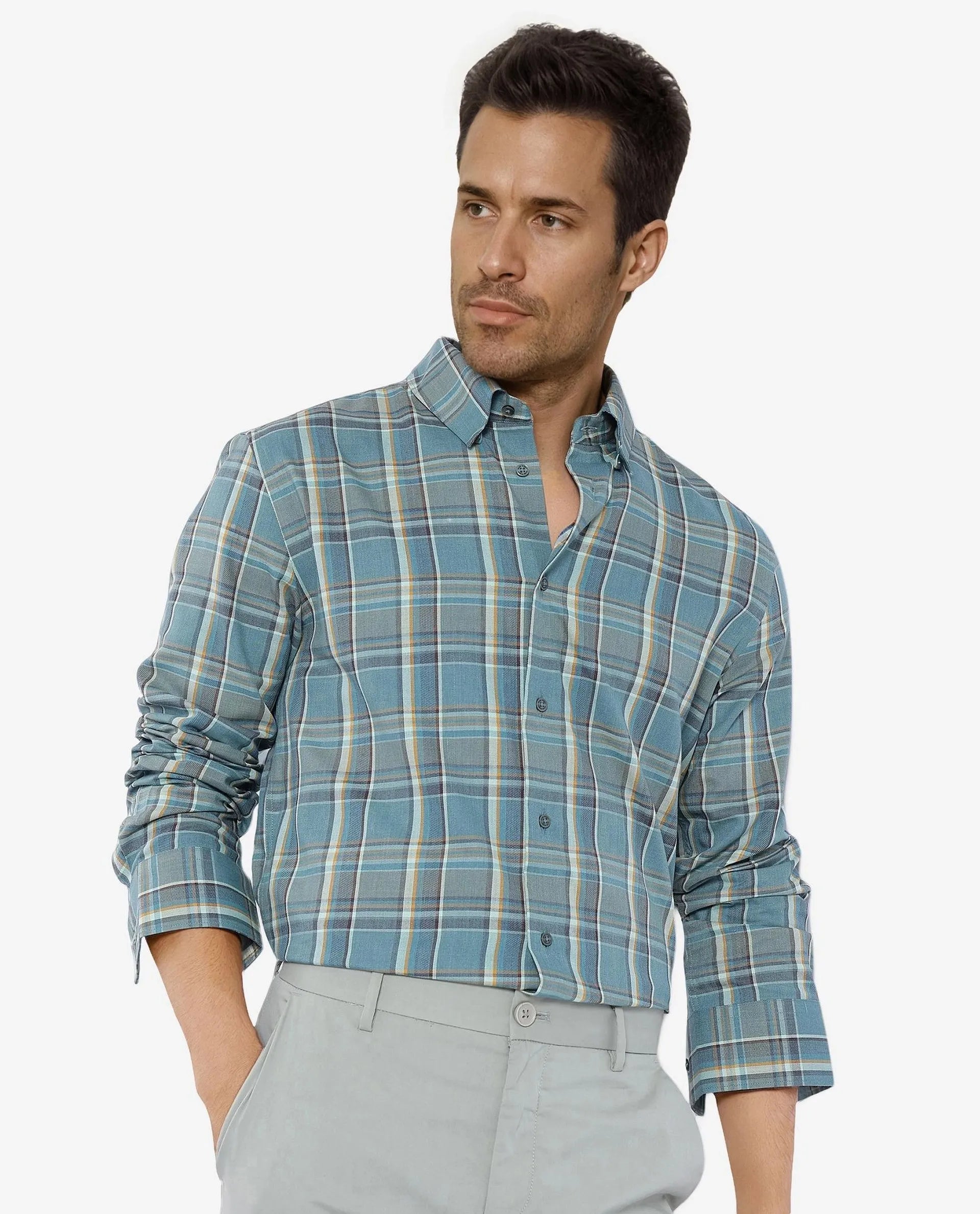 Rare Rabbit Men's Golk Turq Cotton Fabric Full Sleeve Collared Neck Checks Shirt