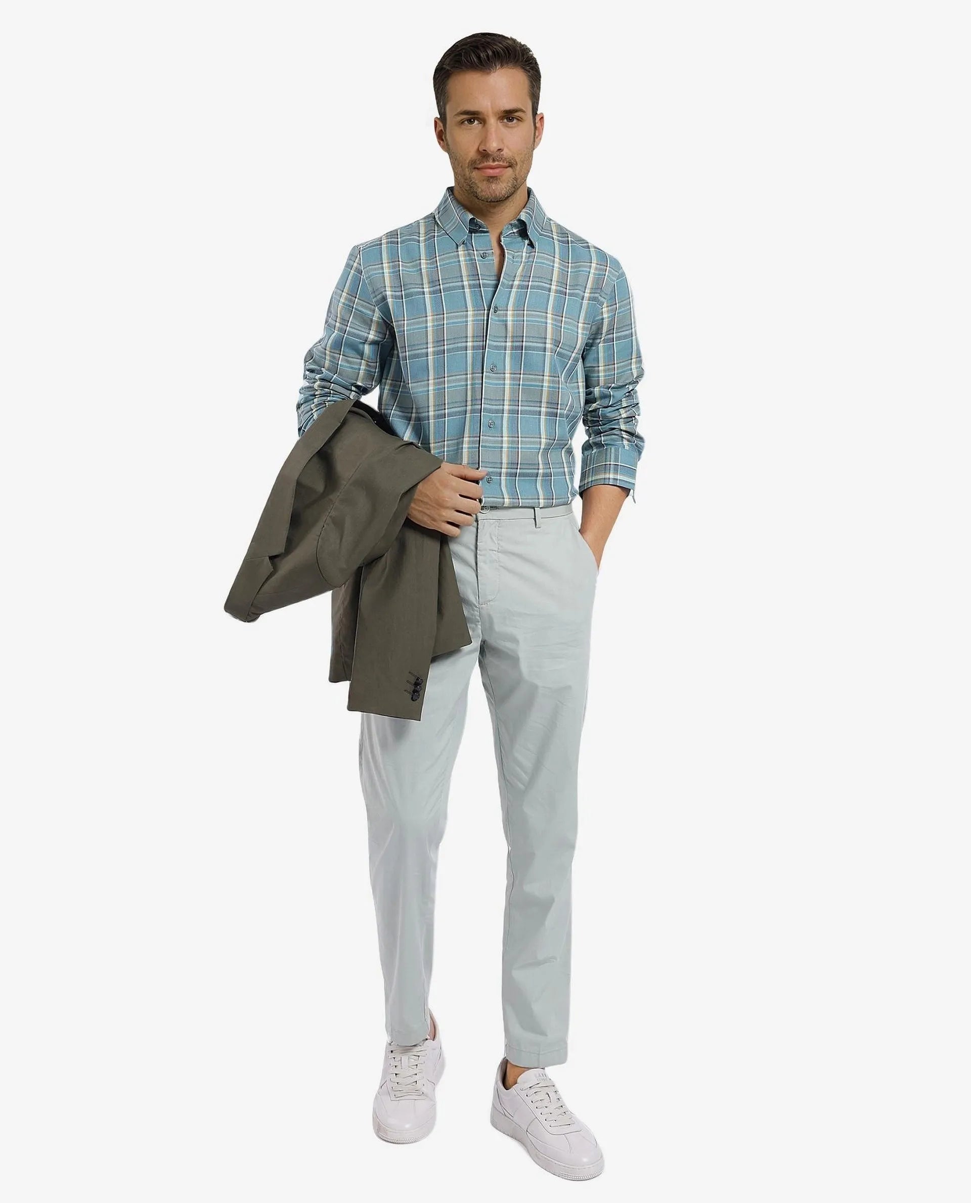 Rare Rabbit Men's Golk Turq Cotton Fabric Full Sleeve Collared Neck Checks Shirt