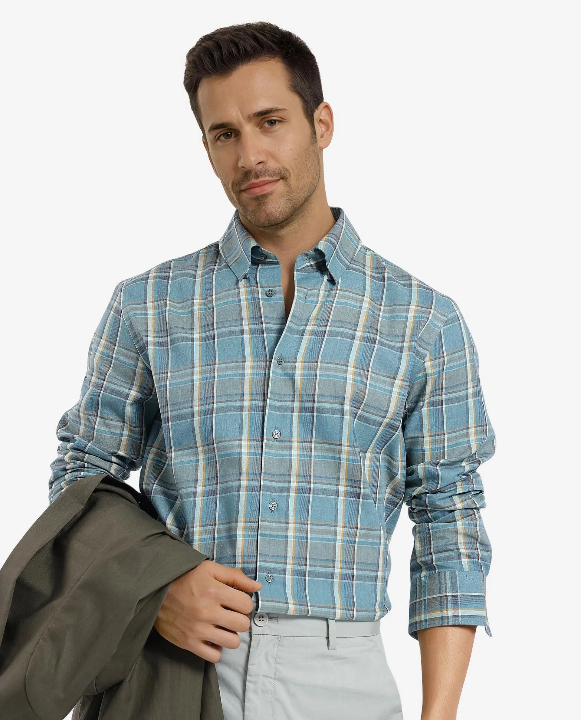 Rare Rabbit Men's Golk Turq Cotton Fabric Full Sleeve Collared Neck Checks Shirt