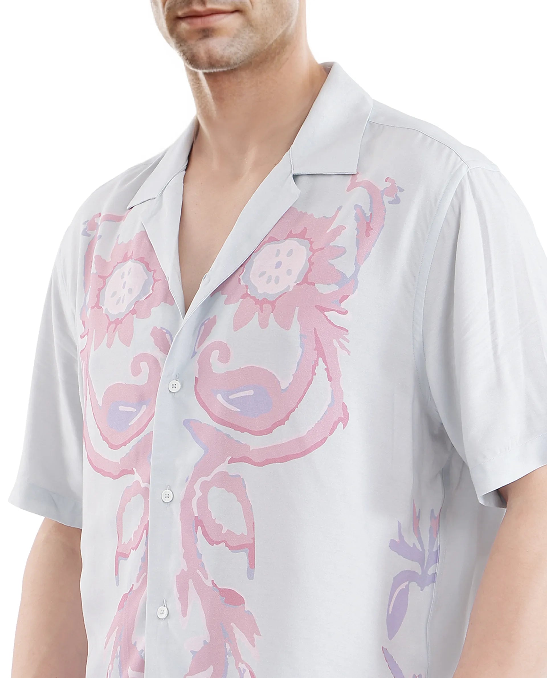 Rare Rabbit Men's Gome Light Blue Viscose Fabric Short Sleeve Cuban Collared Boxy Fit Floral Printed Shirt