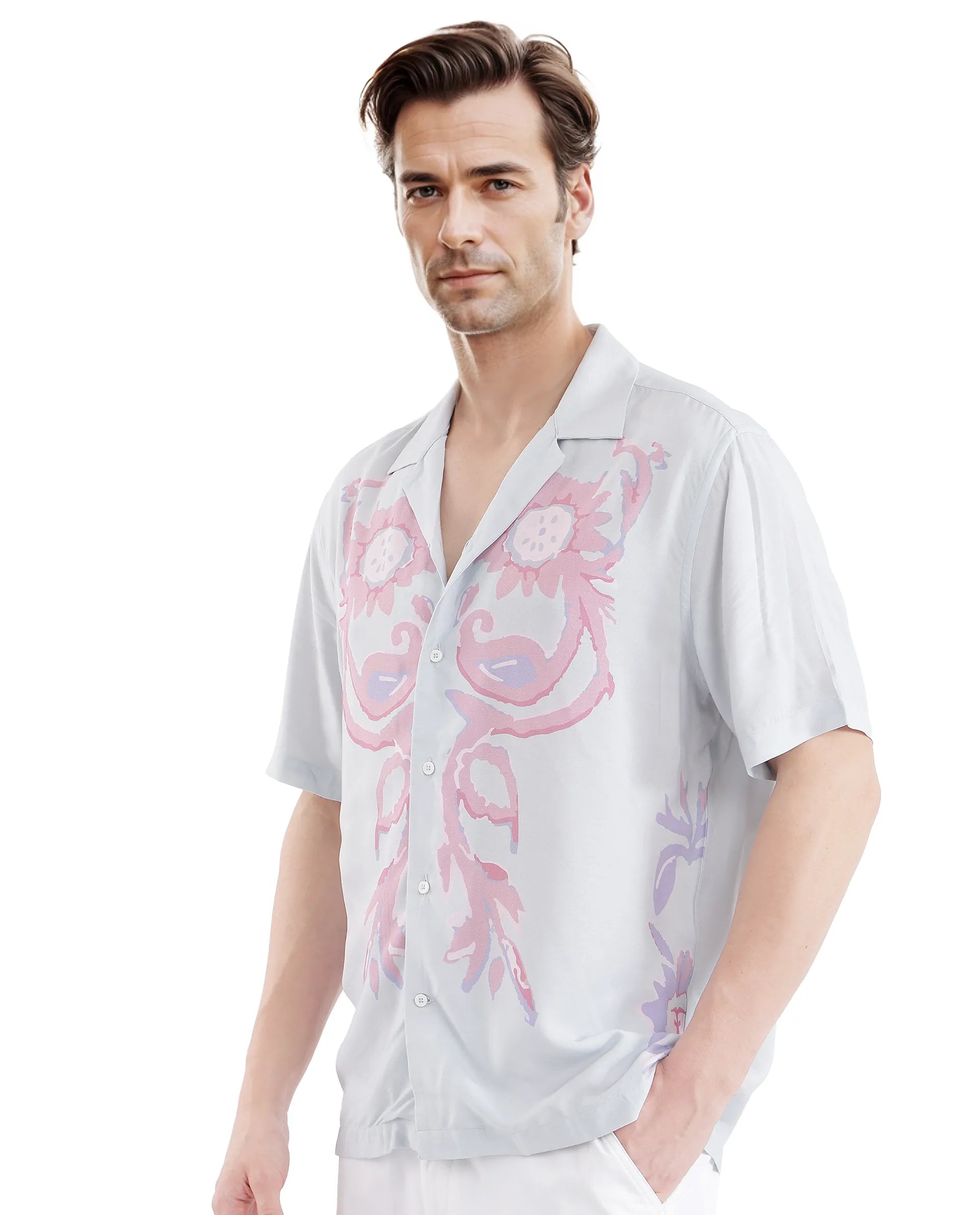 Rare Rabbit Men's Gome Light Blue Viscose Fabric Short Sleeve Cuban Collared Boxy Fit Floral Printed Shirt