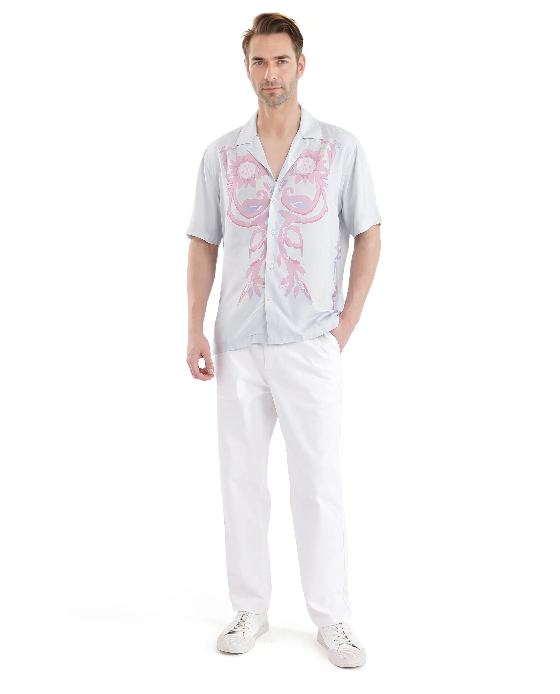 Rare Rabbit Men's Gome Light Blue Viscose Fabric Short Sleeve Cuban Collared Boxy Fit Floral Printed Shirt