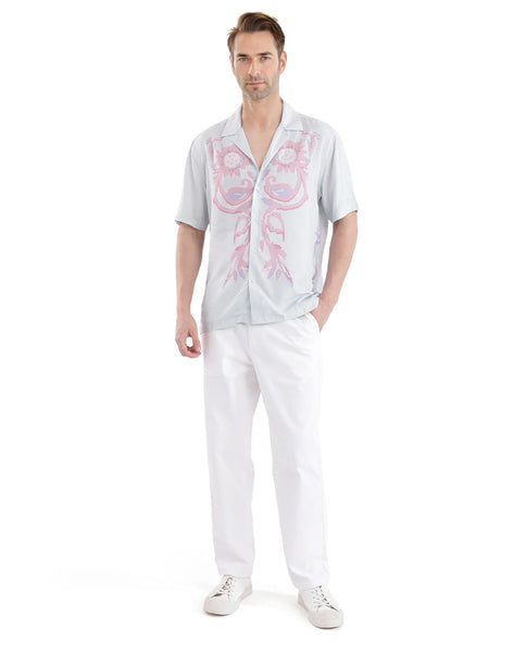 Rare Rabbit Men's Gome Light Blue Viscose Fabric Short Sleeve Cuban Co