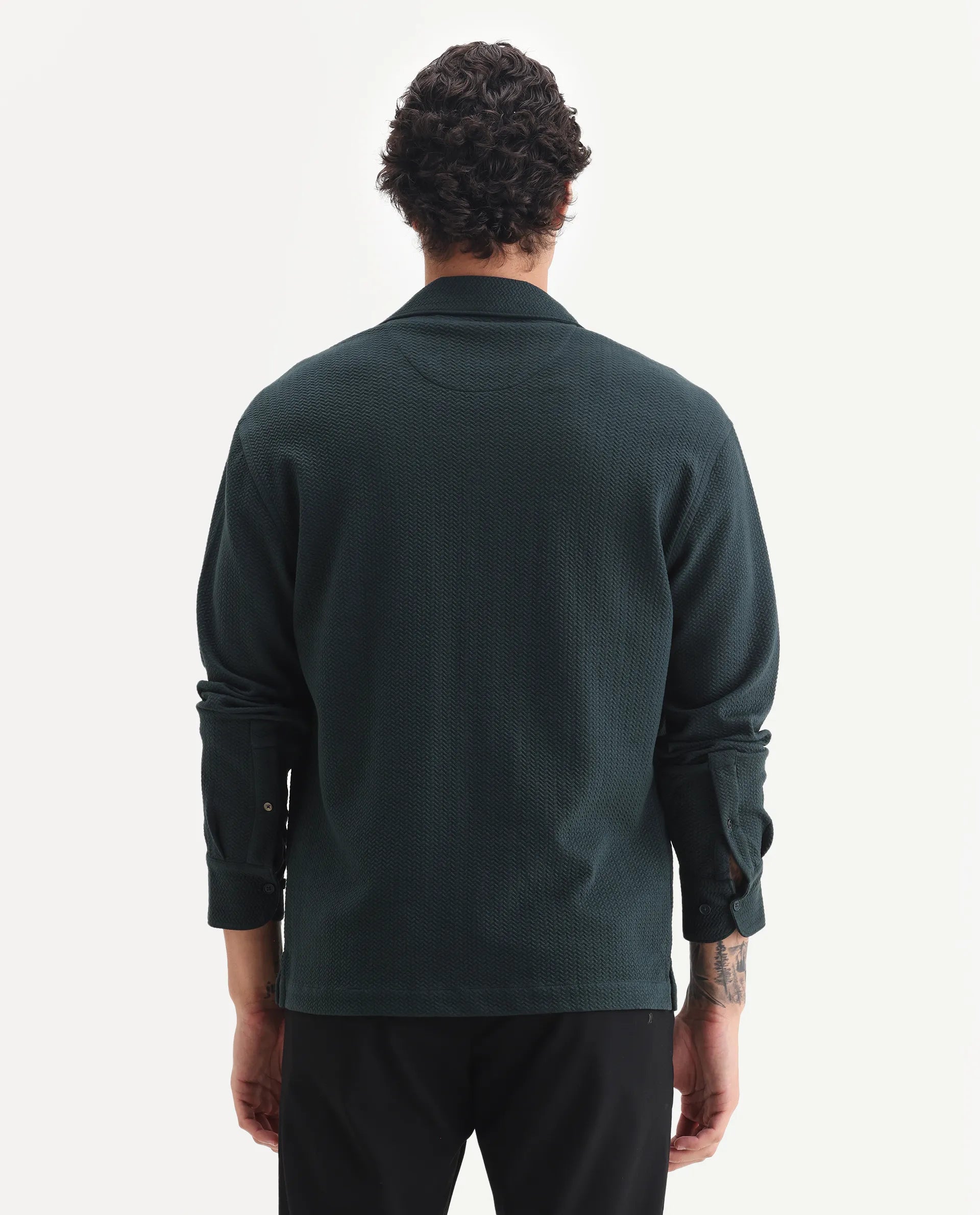 Rare Rabbit Men's Gomi Dark Green Cotton Blend Fabric Full Sleeve Regular Fit Textured Shirt