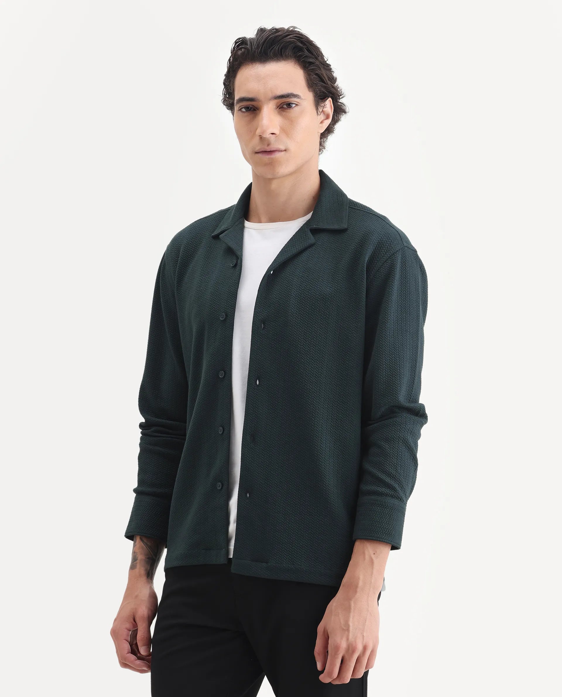Rare Rabbit Men's Gomi Dark Green Cotton Blend Fabric Full Sleeve Regular Fit Textured Shirt