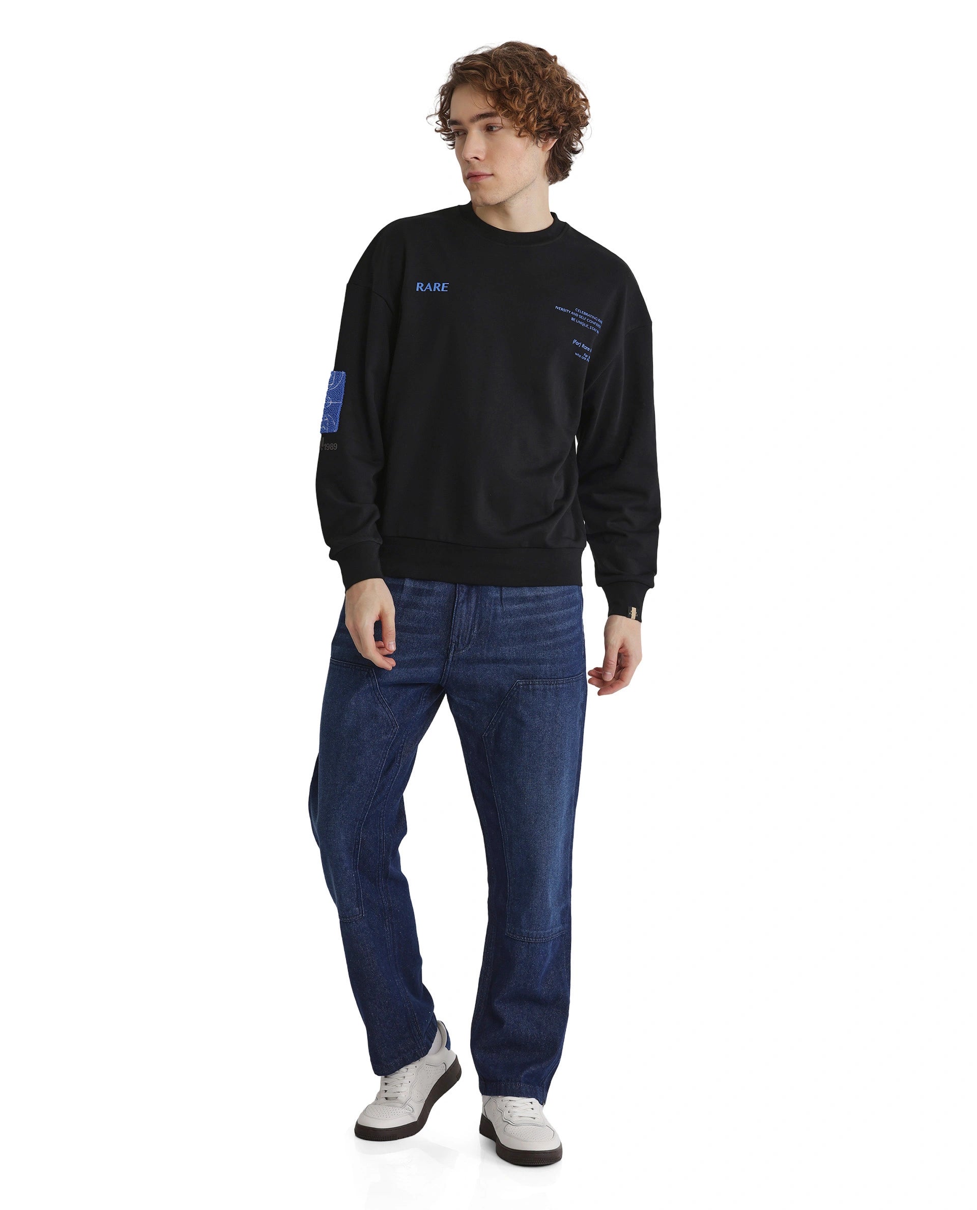 Rare Rabbit Men Gordes Black Cotton Polyester Fabric Full Sleeve Crew Neck Boxy Fit Printed Sweatshirt