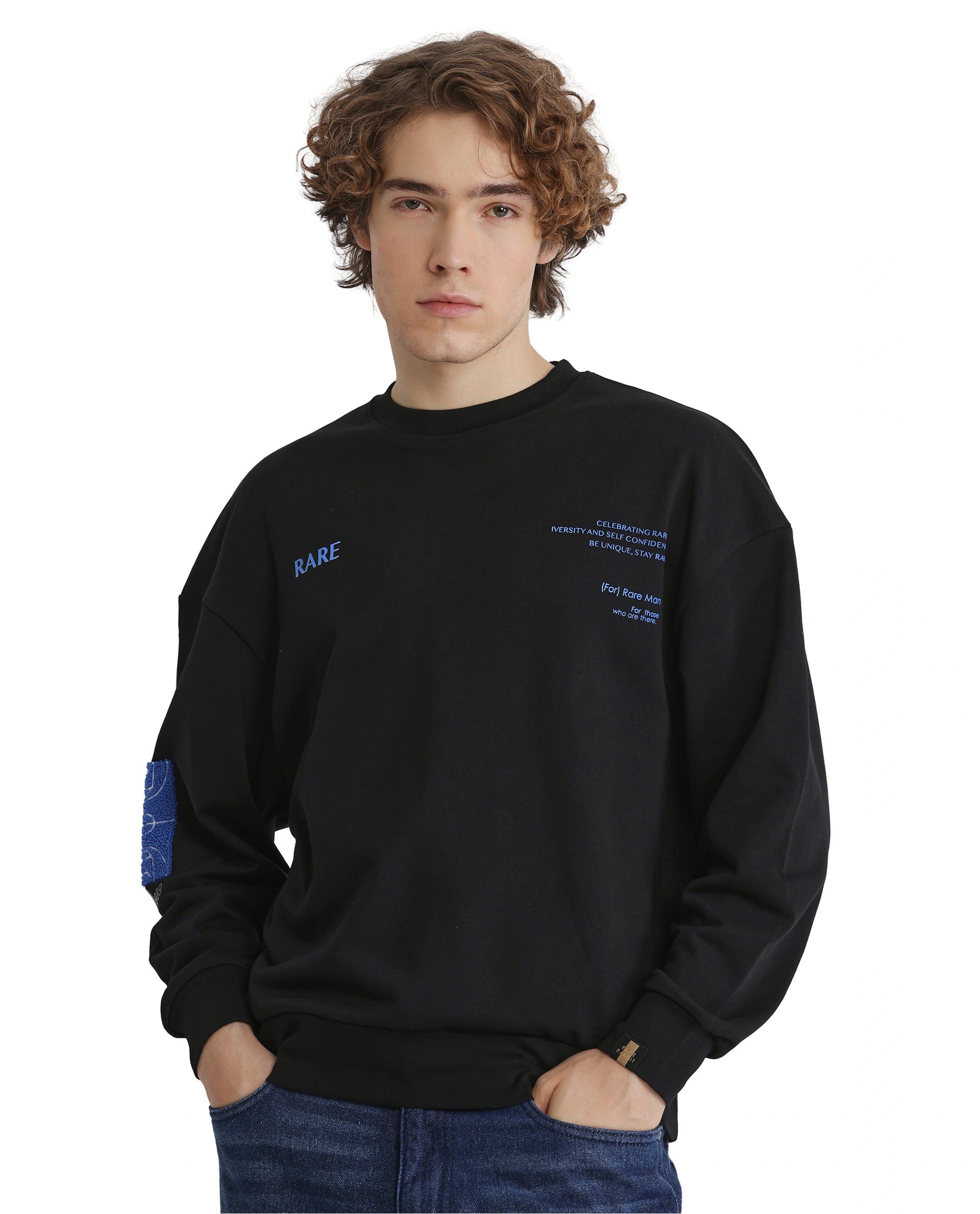 Rare Rabbit Men Gordes Black Cotton Polyester Fabric Full Sleeve Crew Neck Boxy Fit Printed Sweatshirt