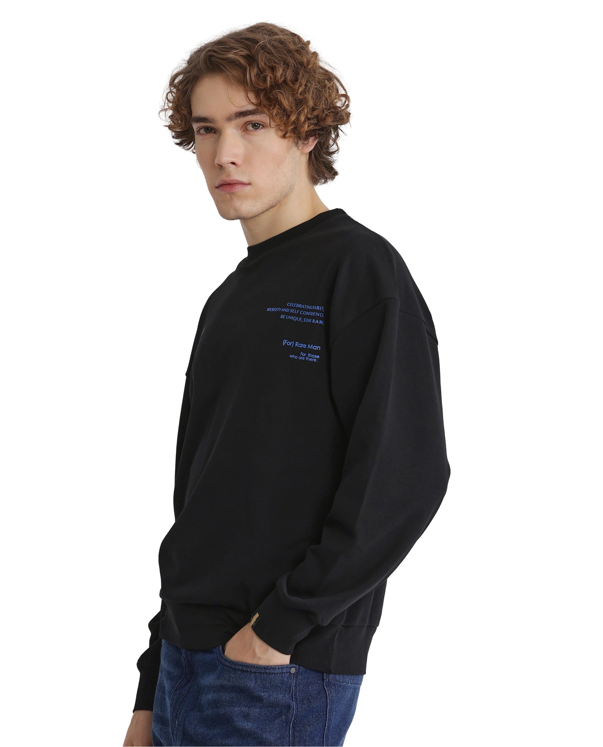 Rare Rabbit Men Gordes Black Cotton Polyester Fabric Full Sleeve Crew Neck Boxy Fit Printed Sweatshirt