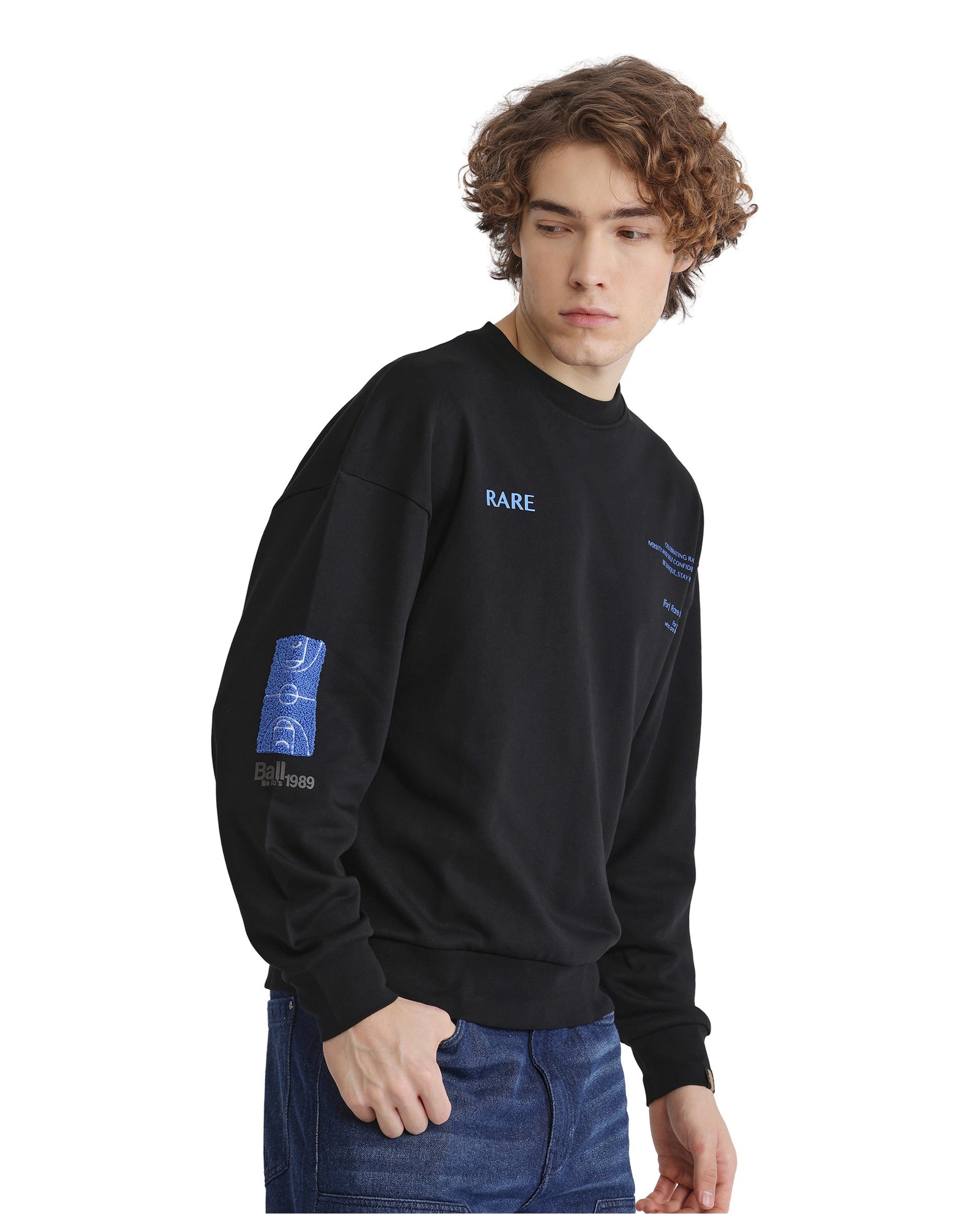 Rare Rabbit Men Gordes Black Cotton Polyester Fabric Full Sleeve Crew Neck Boxy Fit Printed Sweatshirt