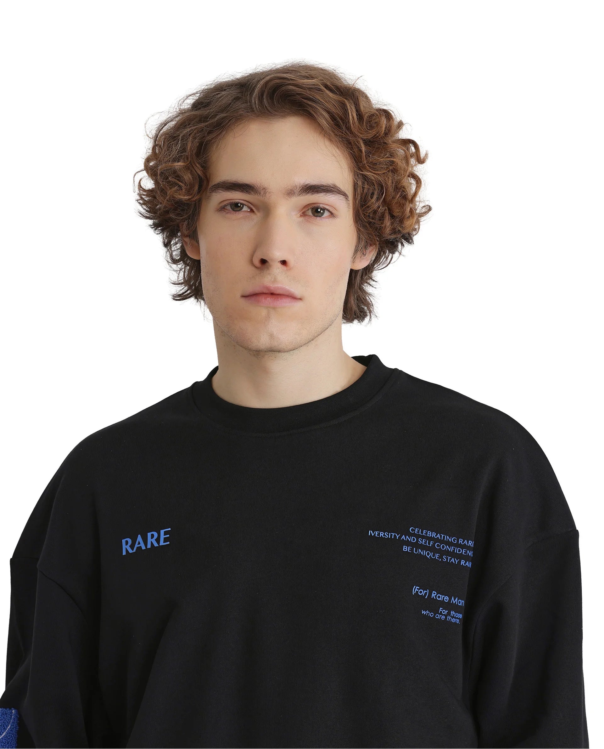 Rare Rabbit Men Gordes Black Cotton Polyester Fabric Full Sleeve Crew Neck Boxy Fit Printed Sweatshirt