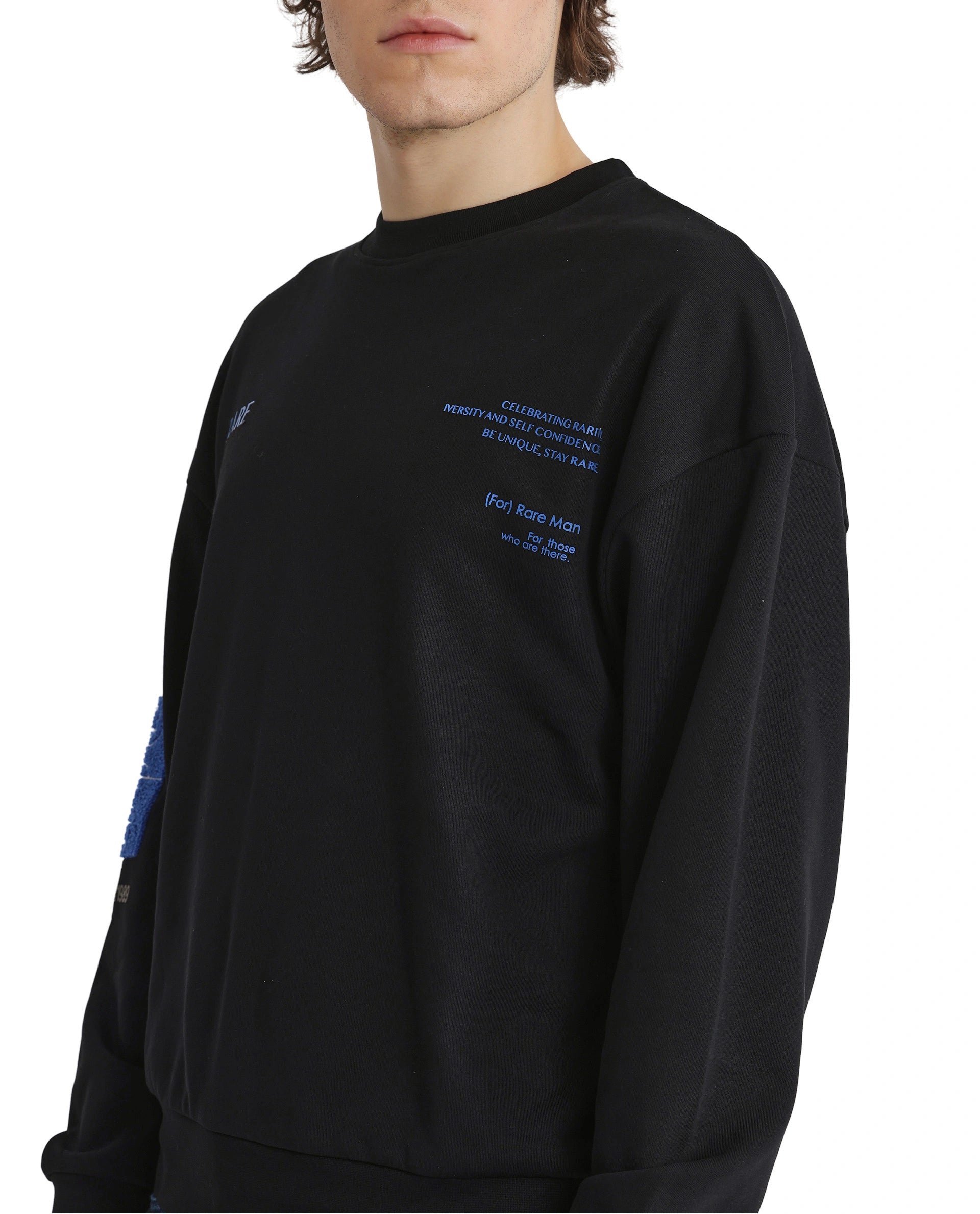 Rare Rabbit Men Gordes Black Cotton Polyester Fabric Full Sleeve Crew Neck Boxy Fit Printed Sweatshirt