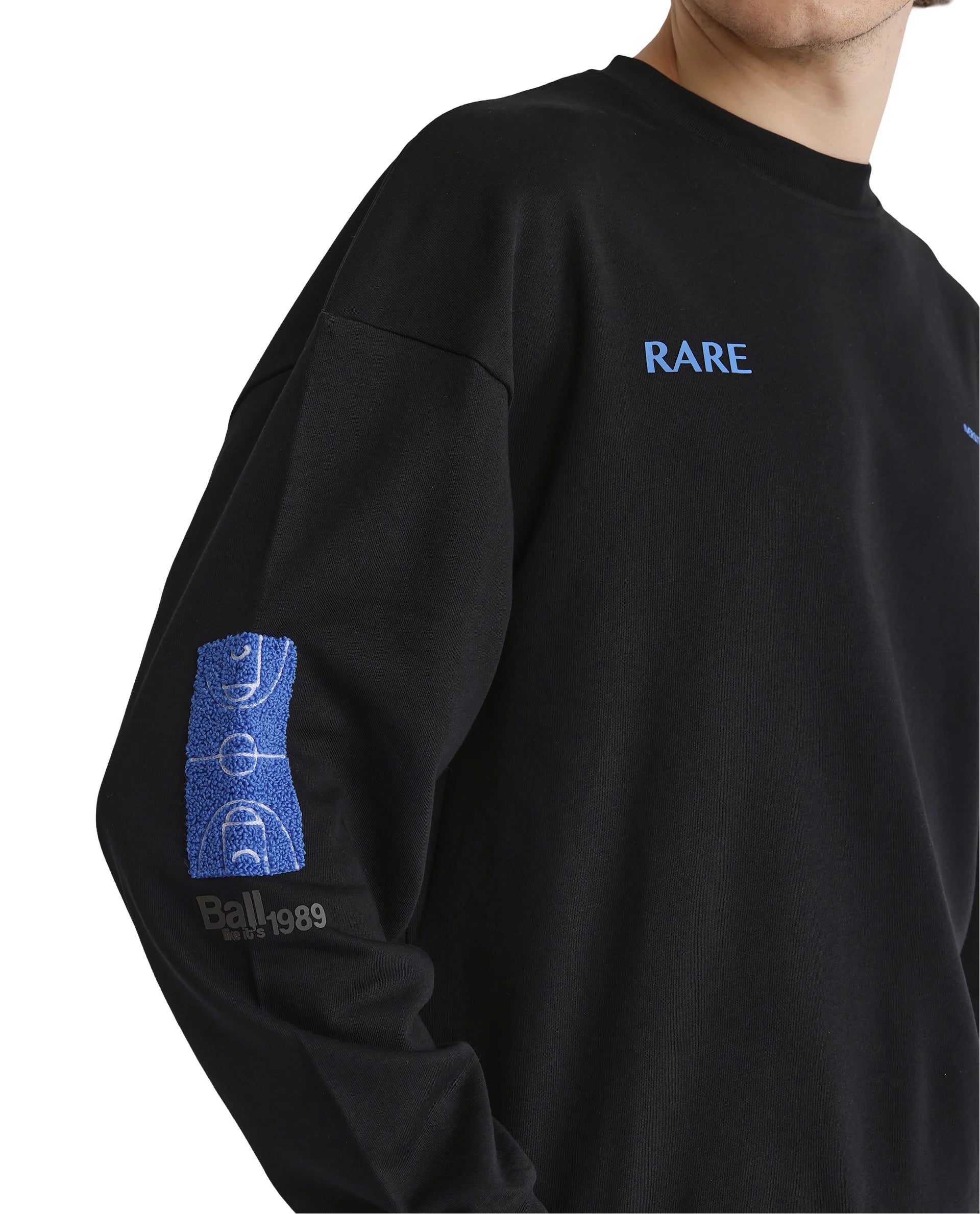 Rare Rabbit Men Gordes Black Cotton Polyester Fabric Full Sleeve Crew Neck Boxy Fit Printed Sweatshirt