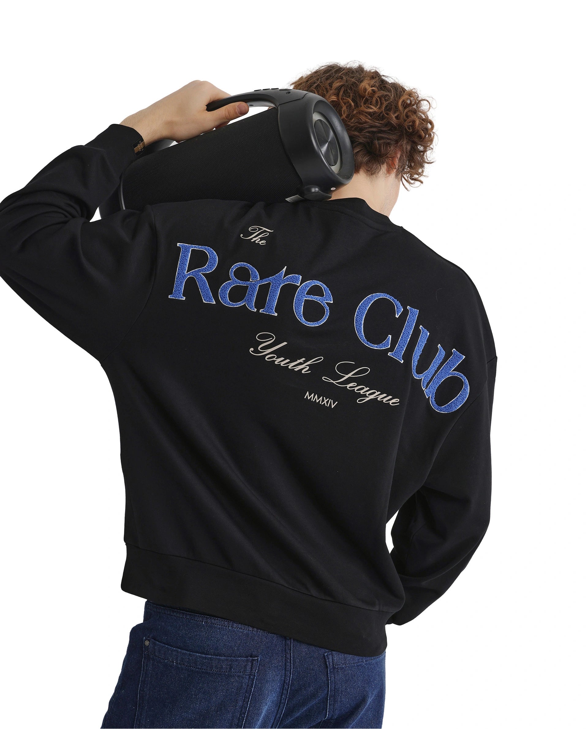 Rare Rabbit Men Gordes Black Cotton Polyester Fabric Full Sleeve Crew Neck Boxy Fit Printed Sweatshirt