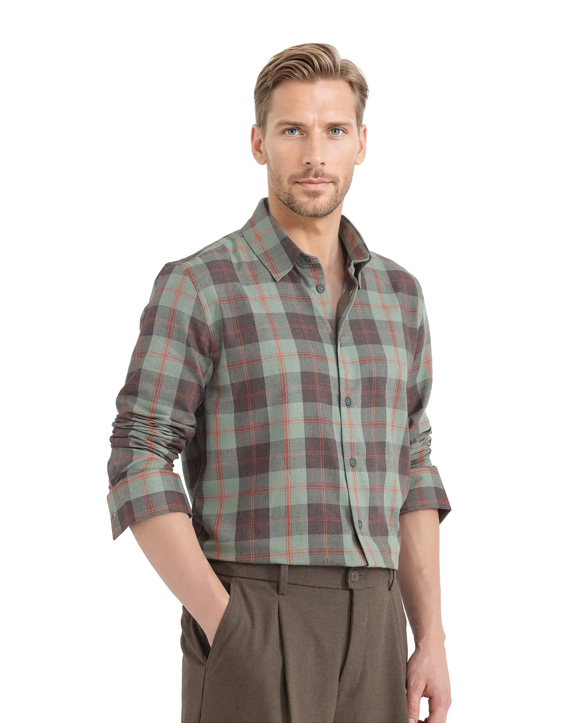 Rare Rabbit Men's Gory Dark Olive Cotton Fabric Full Sleeve Collared Neck Button Closure Printed Shirt