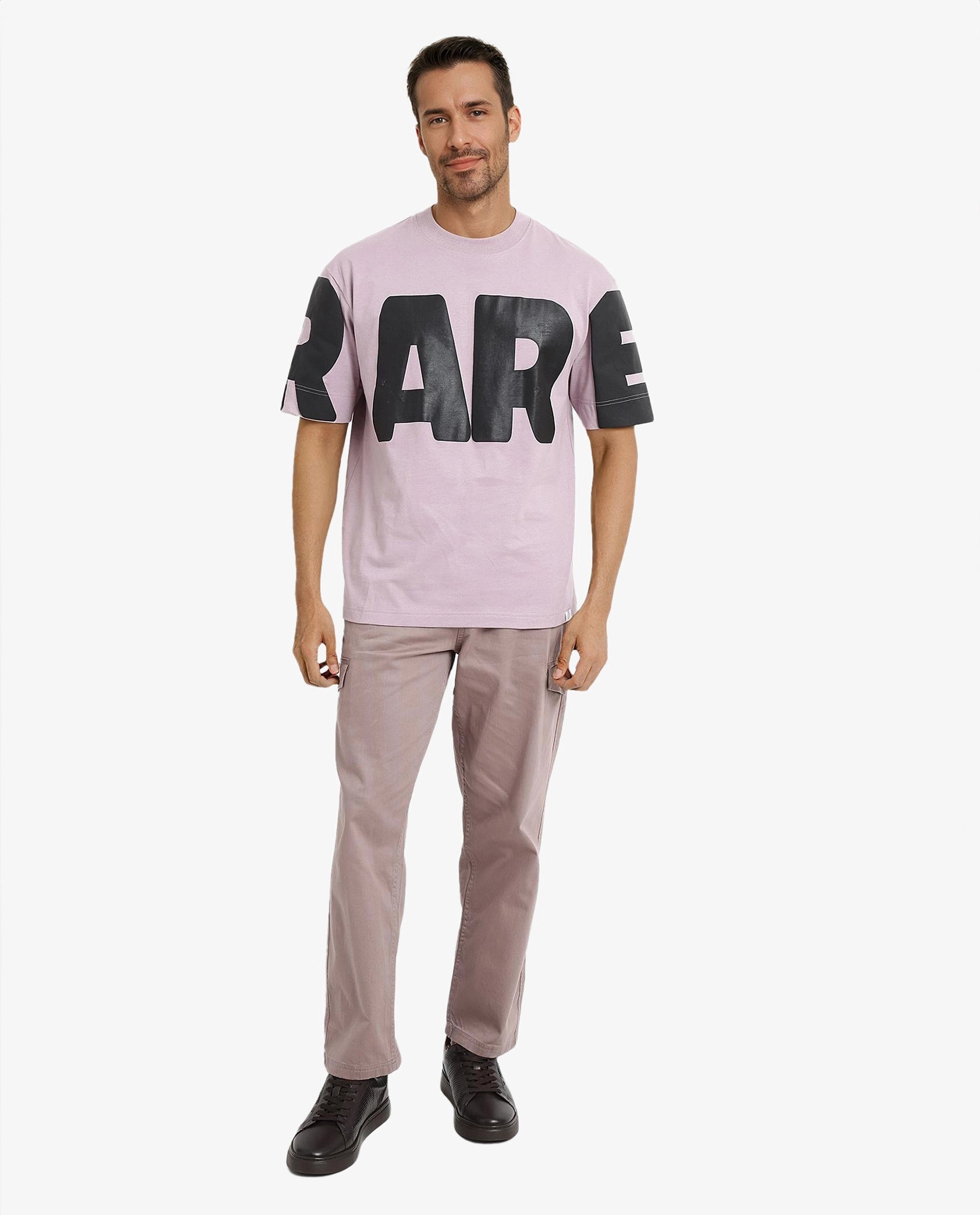 Rare Rabbit Men Goss Lilac Short Sleeve Crew Neck Oversized Fit Typo Graphic Print T-Shirt