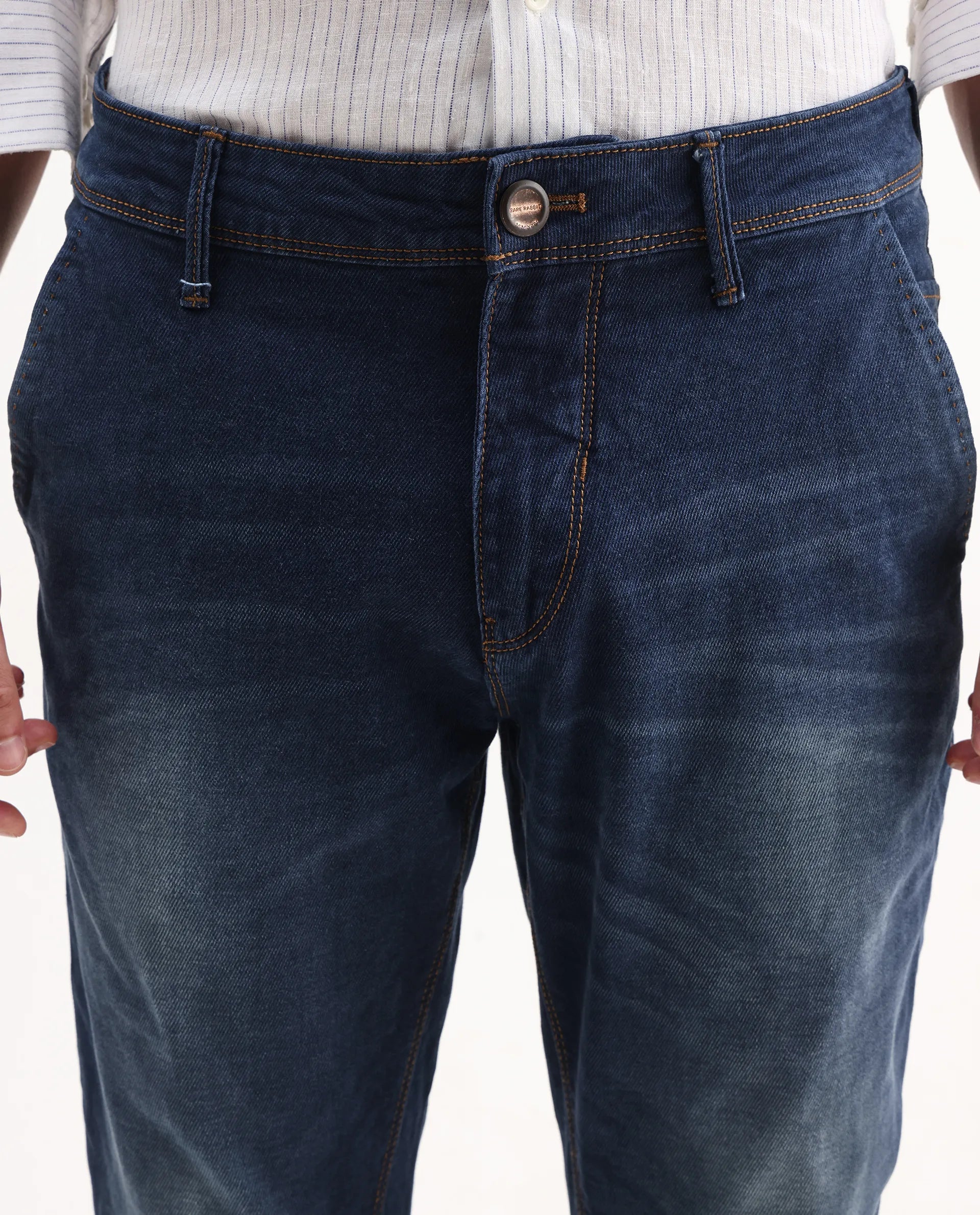 Rare Rabbit Men's Gracia Blue Cotton Plain Hawk Slim Fit Jeans