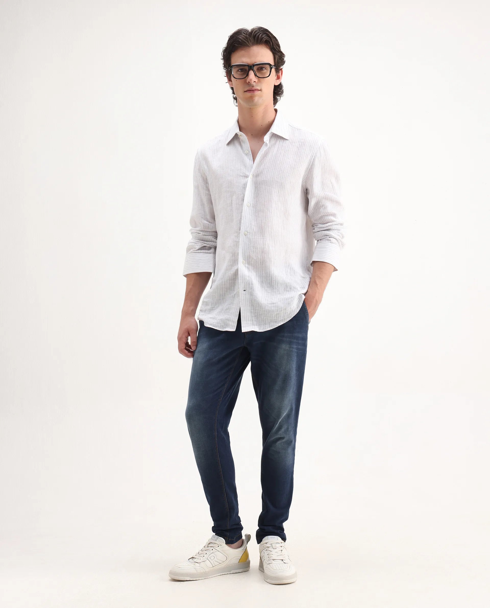 Rare Rabbit Men's Gracia Blue Cotton Plain Hawk Slim Fit Jeans