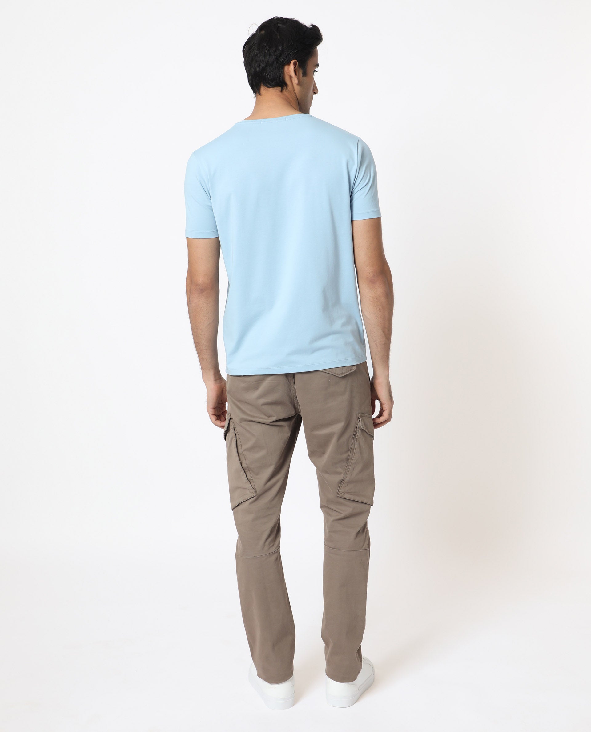 Rare Rabbit Men's Grafton Light Blue Crew Neck Floral Digital Print Branding on Chest Half Sleeves Regular Fit T-Shirt