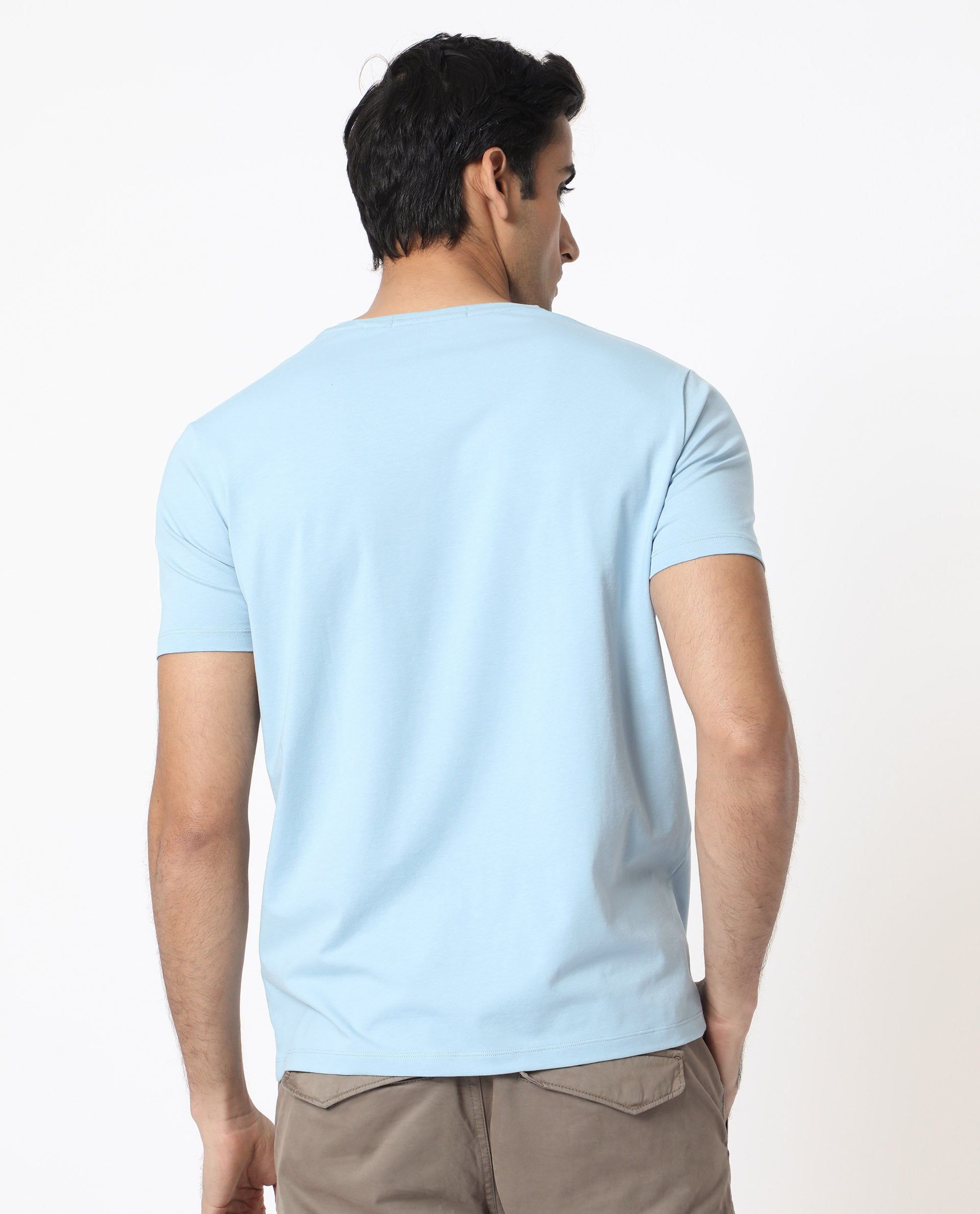 Rare Rabbit Men's Grafton Light Blue Crew Neck Floral Digital Print Branding on Chest Half Sleeves Regular Fit T-Shirt