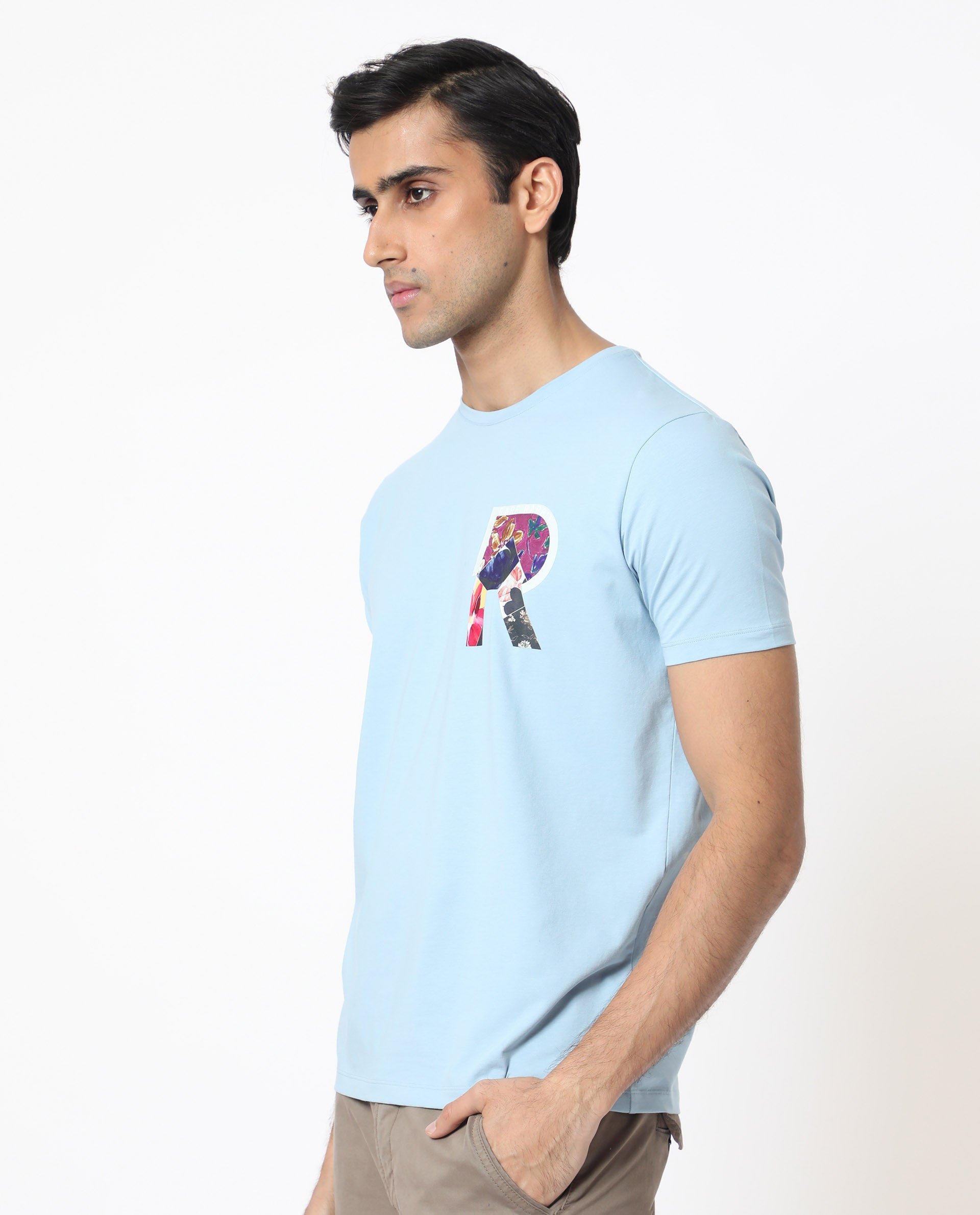 Rare Rabbit Men's Grafton Light Blue Crew Neck Floral Digital Print Branding on Chest Half Sleeves Regular Fit T-Shirt