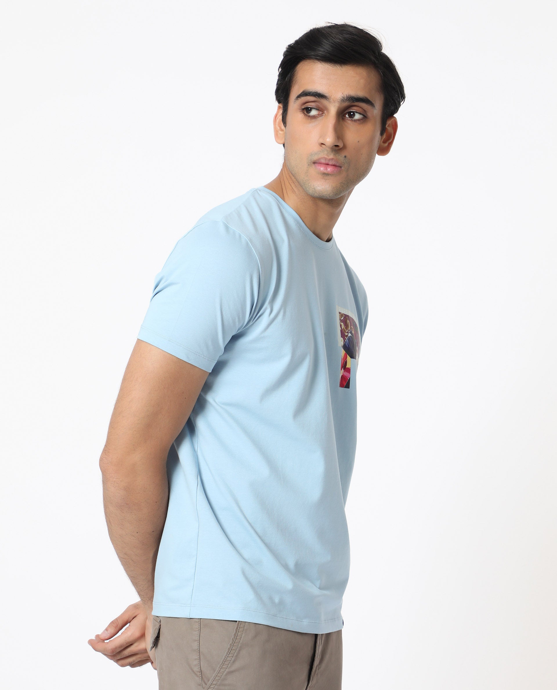 Rare Rabbit Men's Grafton Light Blue Crew Neck Floral Digital Print Branding on Chest Half Sleeves Regular Fit T-Shirt