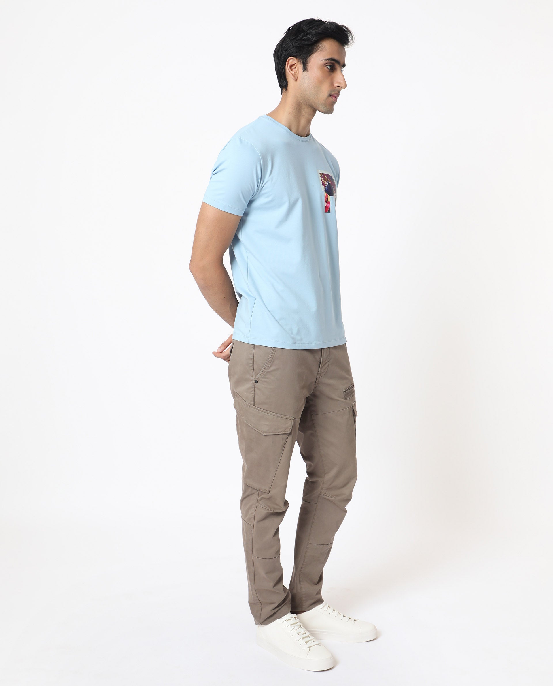 Rare Rabbit Men's Grafton Light Blue Crew Neck Floral Digital Print Branding on Chest Half Sleeves Regular Fit T-Shirt