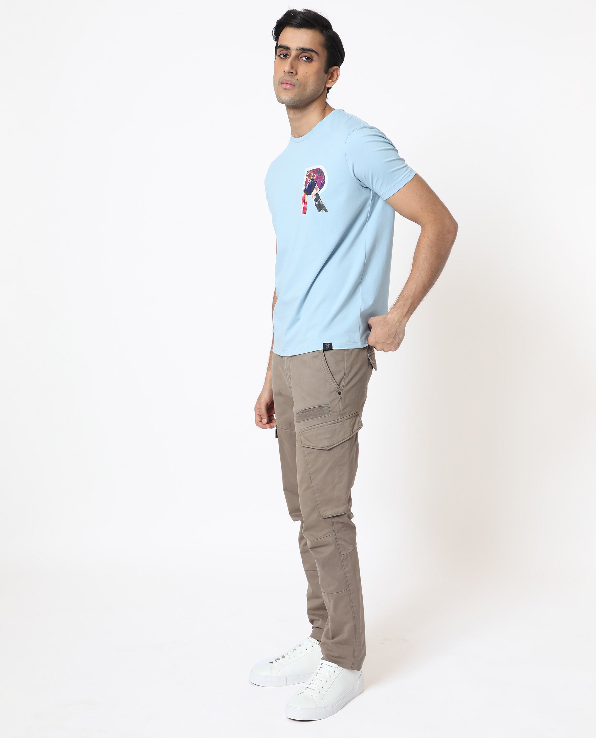 Rare Rabbit Men's Grafton Light Blue Crew Neck Floral Digital Print Branding on Chest Half Sleeves Regular Fit T-Shirt